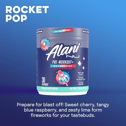 Alani Nu Pre-Workout Rocket Pop bottle highlights clean ingredient list