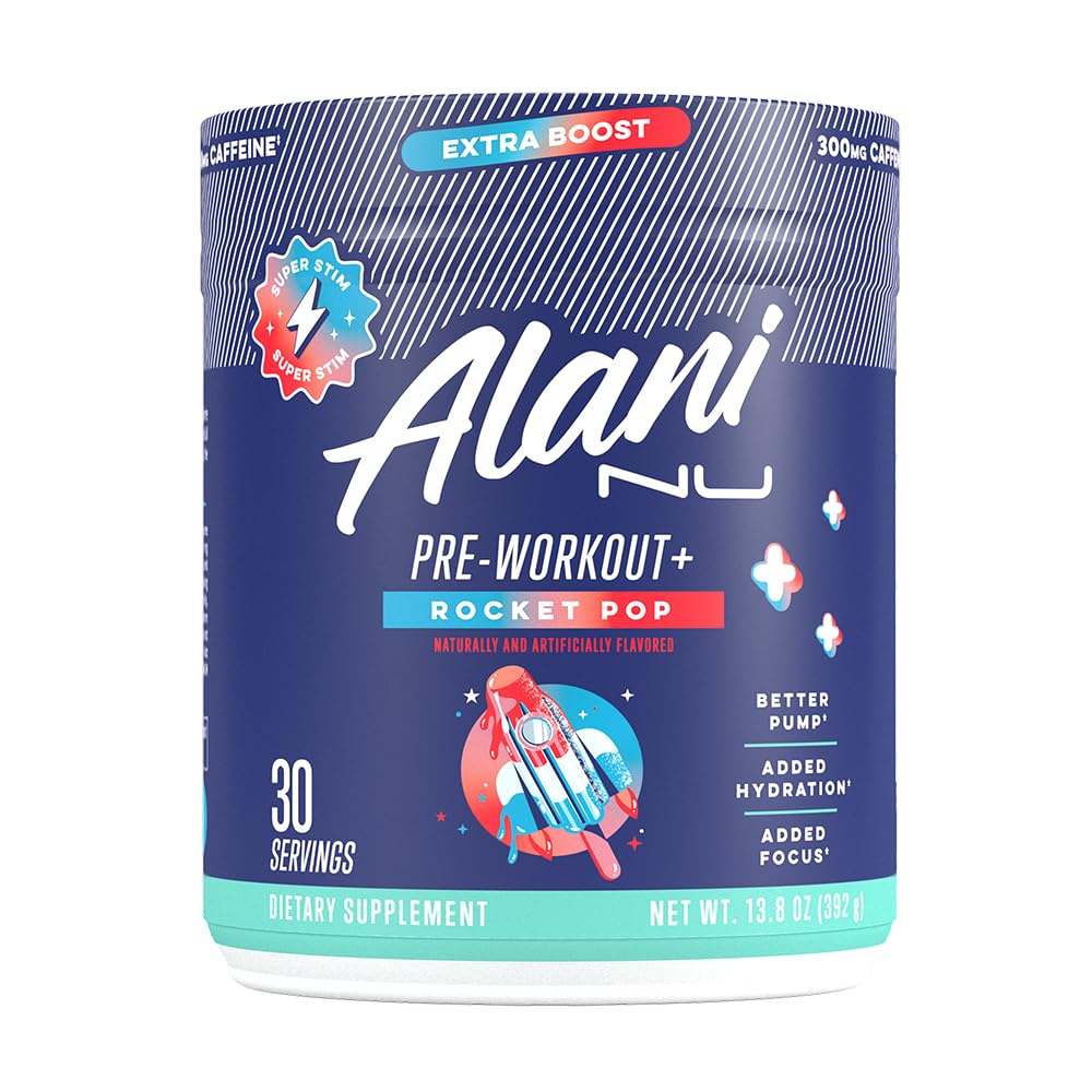 Alani Nu Pre-Workout Rocket Pop powder fuels workouts with clean, sugar-free energy