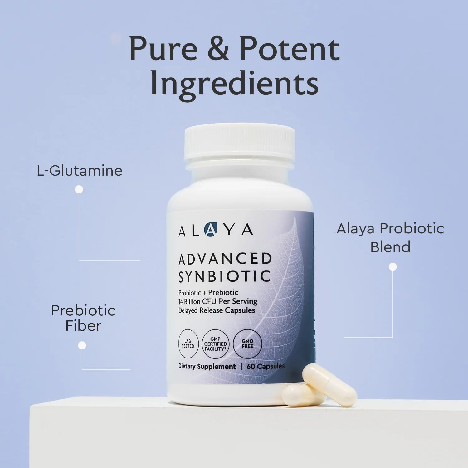 Alaya Naturals Advanced Synbiotic label provides clear formulation details for informed use.