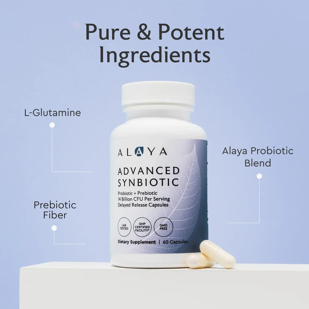 Alaya Naturals Advanced Synbiotic label provides clear formulation details for informed use.