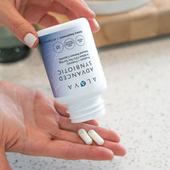 Alaya Naturals Advanced Synbiotic packaging displayed for compact, travel-friendly daily routine.