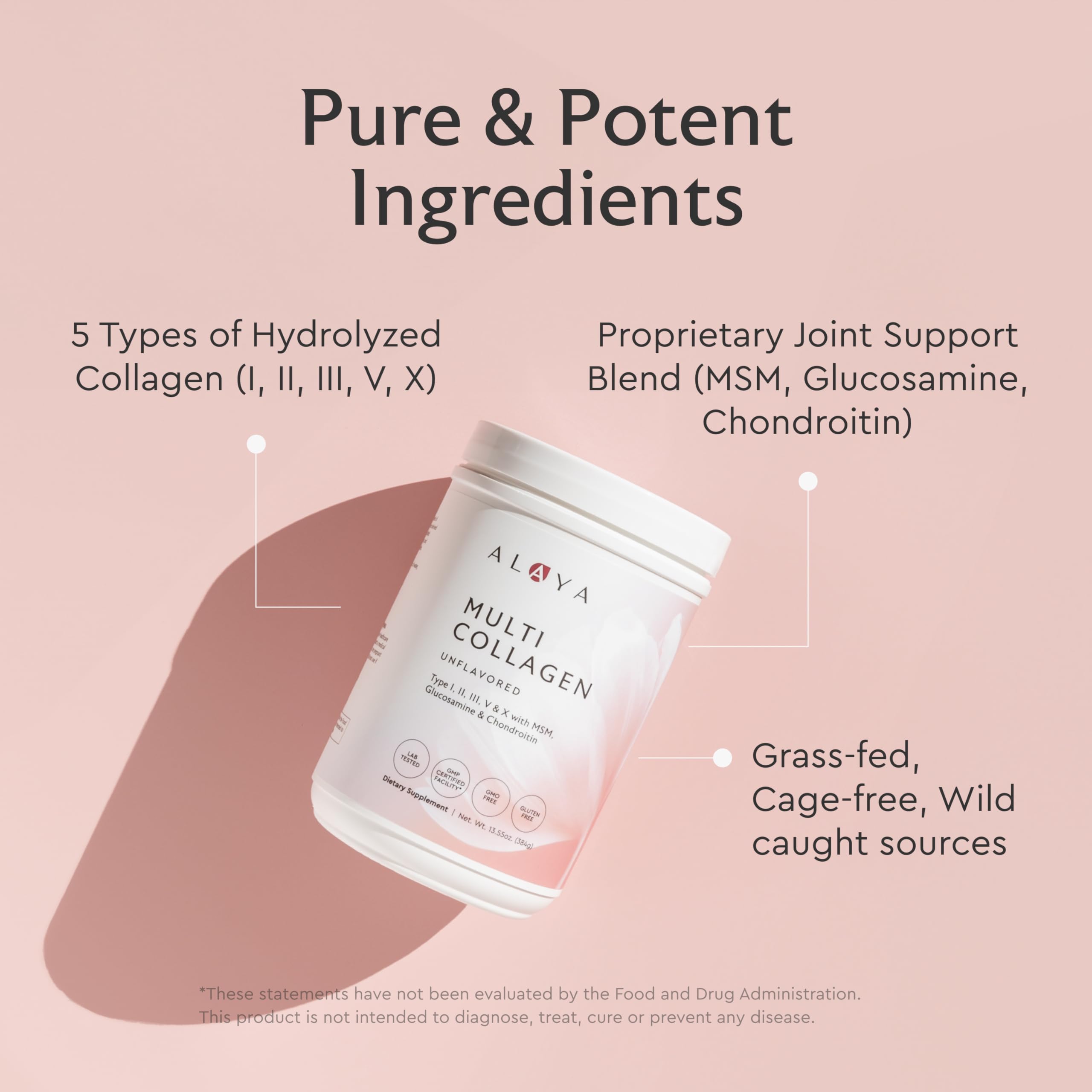 Alaya Naturals Multi Collagen Powder dissolves easily in drinks for a clean, flavor-free mix.