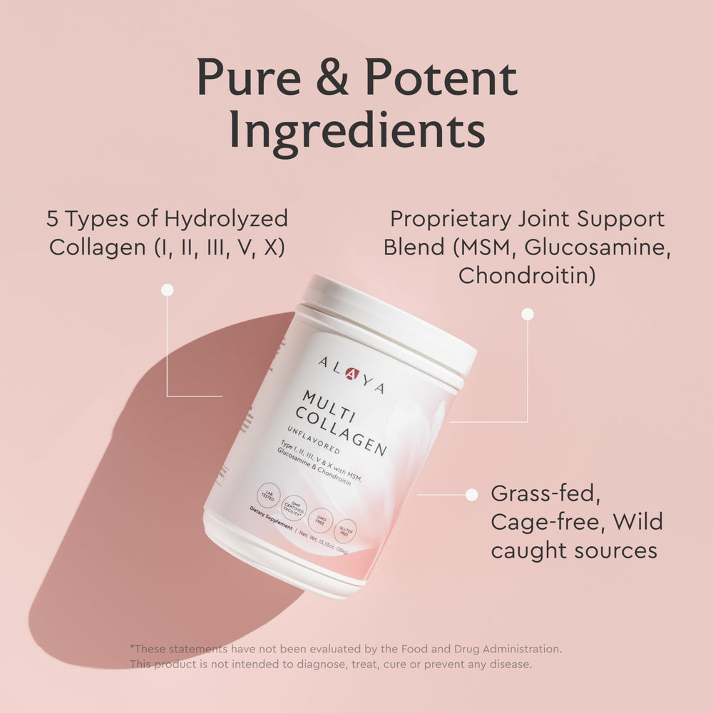 Alaya Naturals Multi Collagen Powder dissolves easily in drinks for a clean, flavor-free mix.