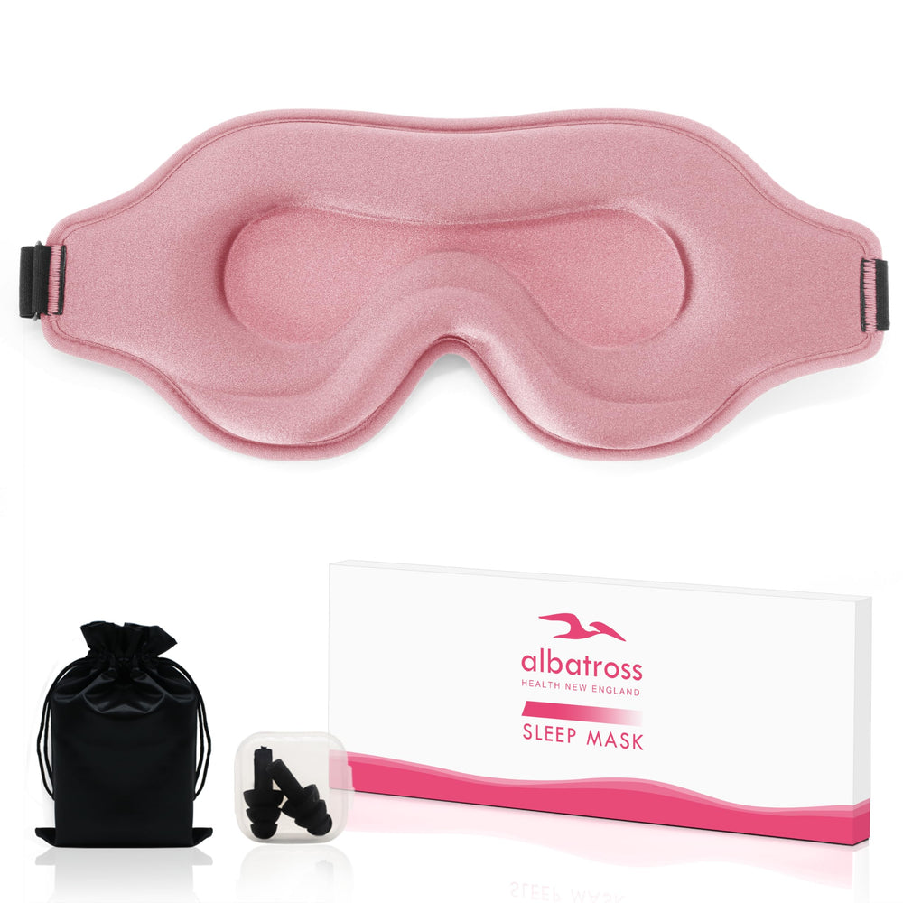 Albatross Health New England pink 3D sleep mask close-up blocks light for deep rest.