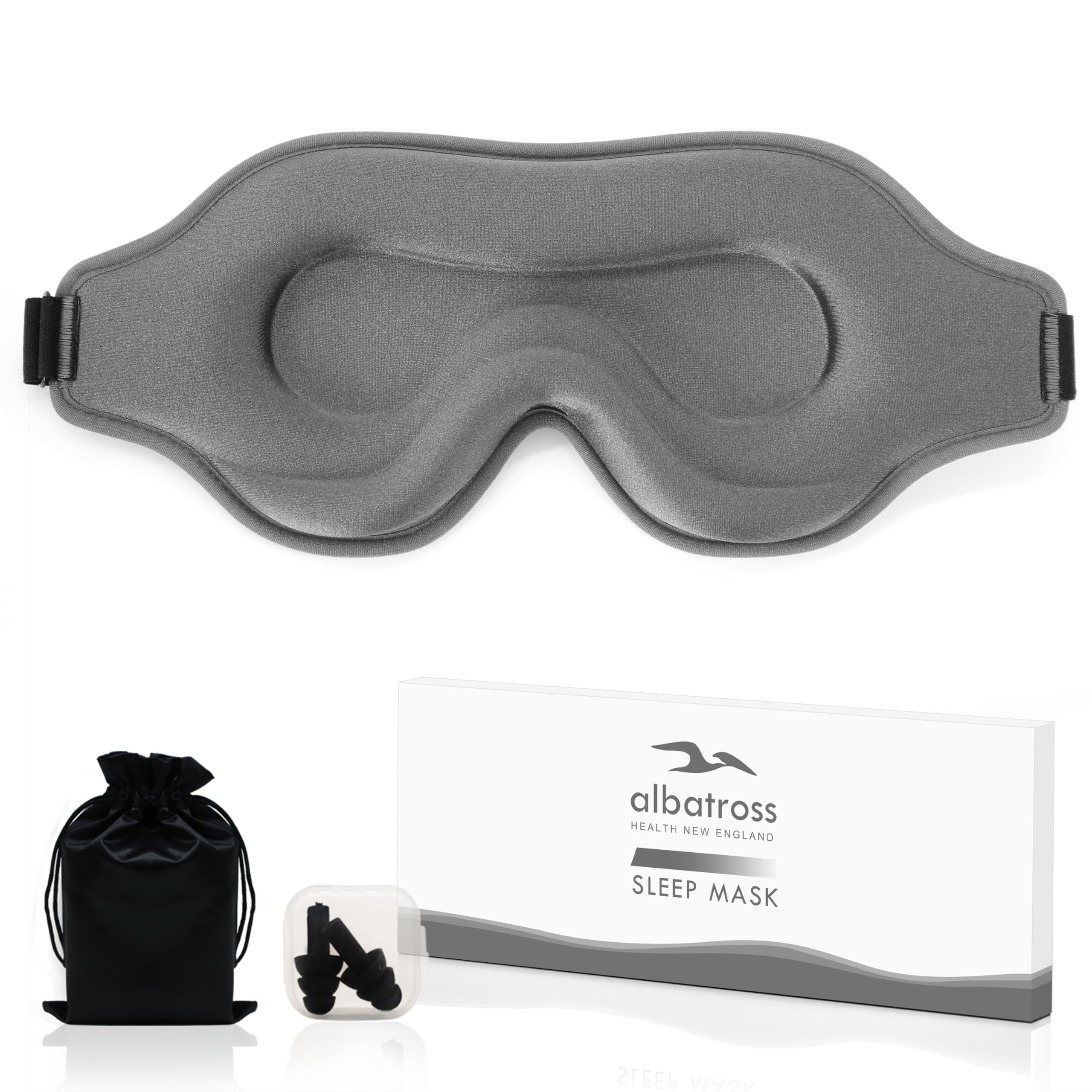Albatross mascarilla para dormir 3D, vista frontal gris, bloquea la luz para dormir mejor.