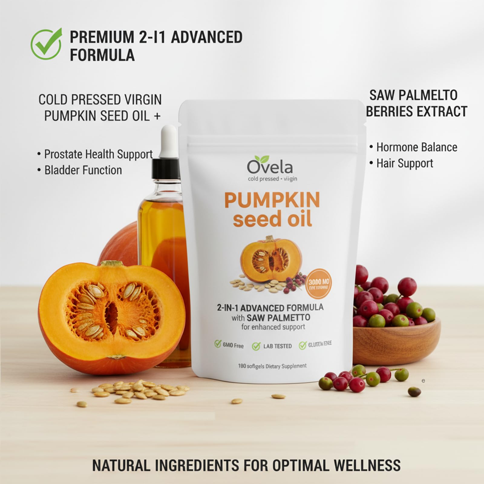 ALBIKYU Ovela ingredient label with pumpkin seed oil and saw palmetto