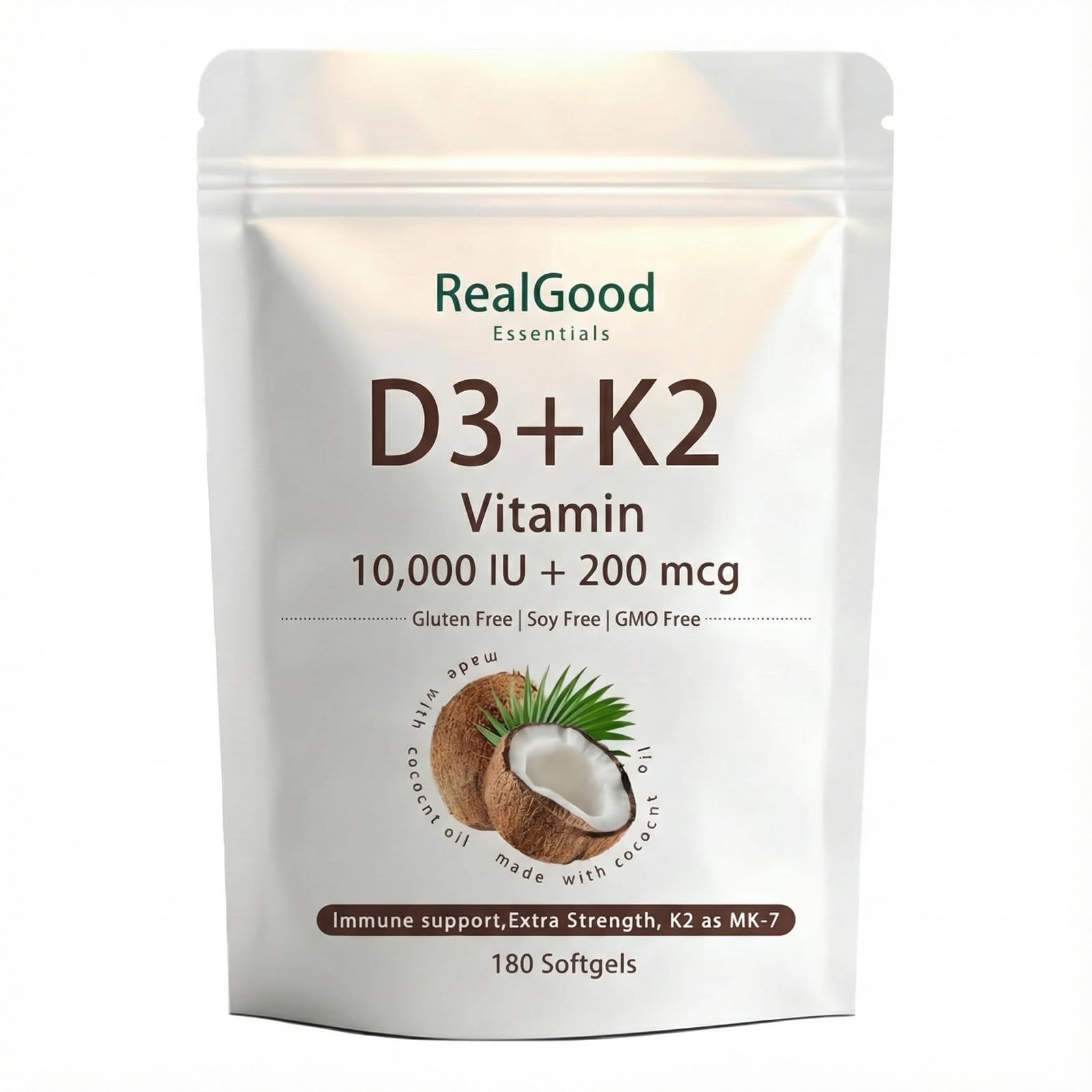 ALBIKYU RealGood Essentials D3 K2 softgels bottle showing daily intake option