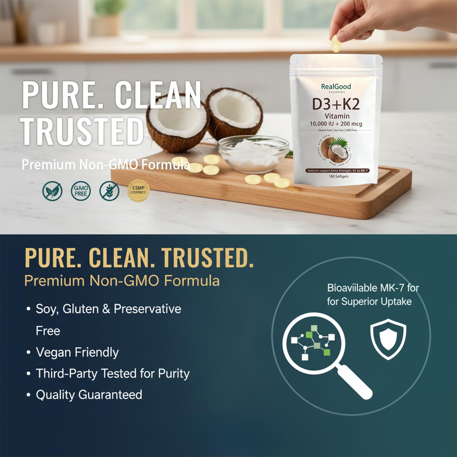 Closeup of ALBIKYU RealGood Essentials softgels texture and form
