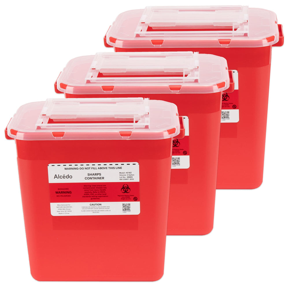 Alcedo sharps container 2-gallon pack3 demonstrates durable, ready-to-use biohazard disposal.