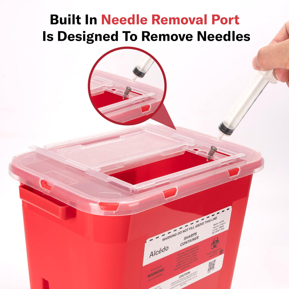 Alcedo sharps container locking slot ensures secure final disposal.