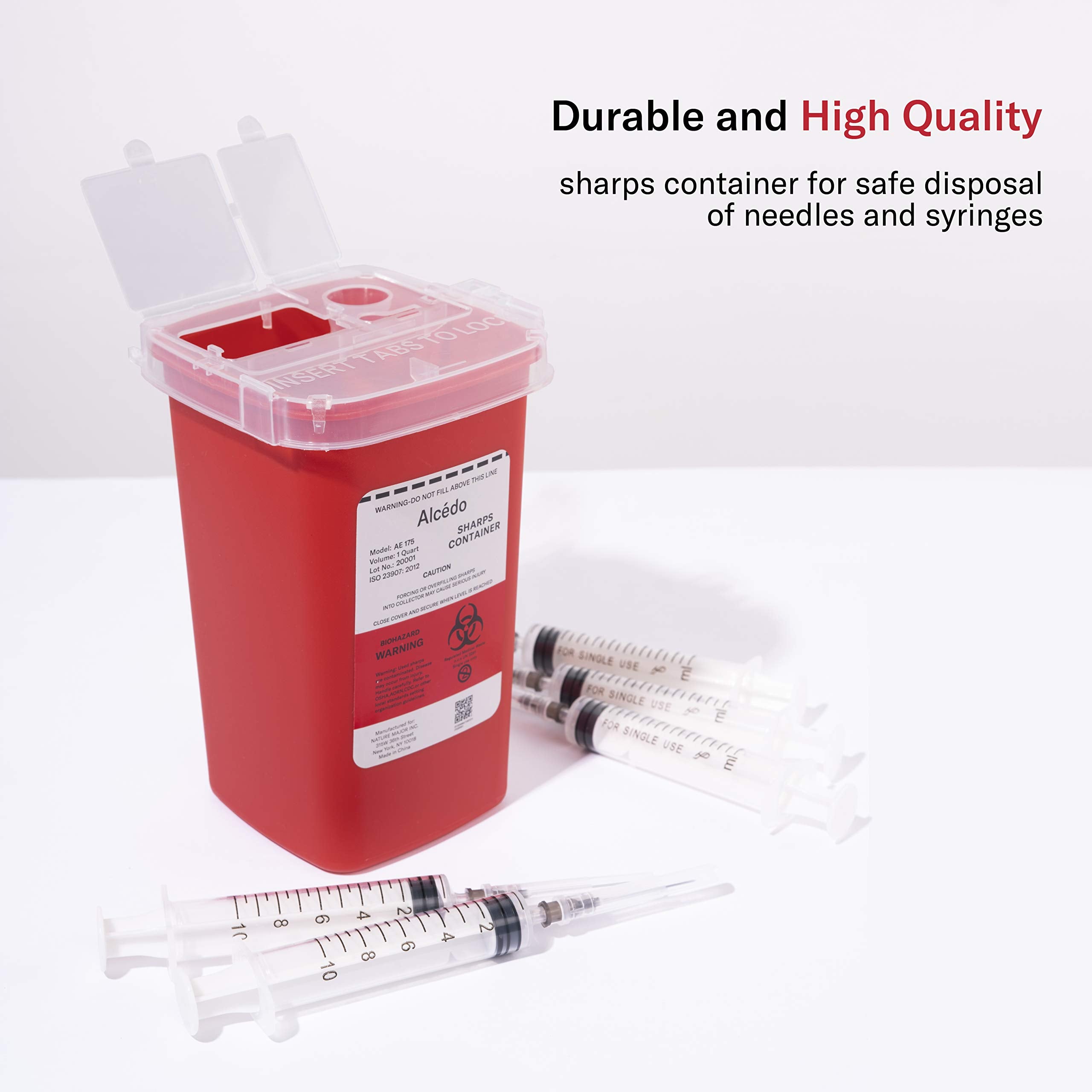 Alcedo Sharps Container shows needle removal port for easy disposal.