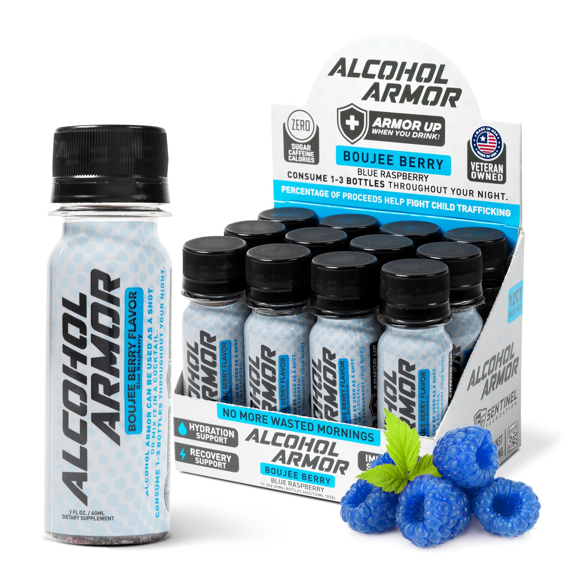 Alcohol Armor Recovery Shot 12-pack bottles lineup for post-night hydration