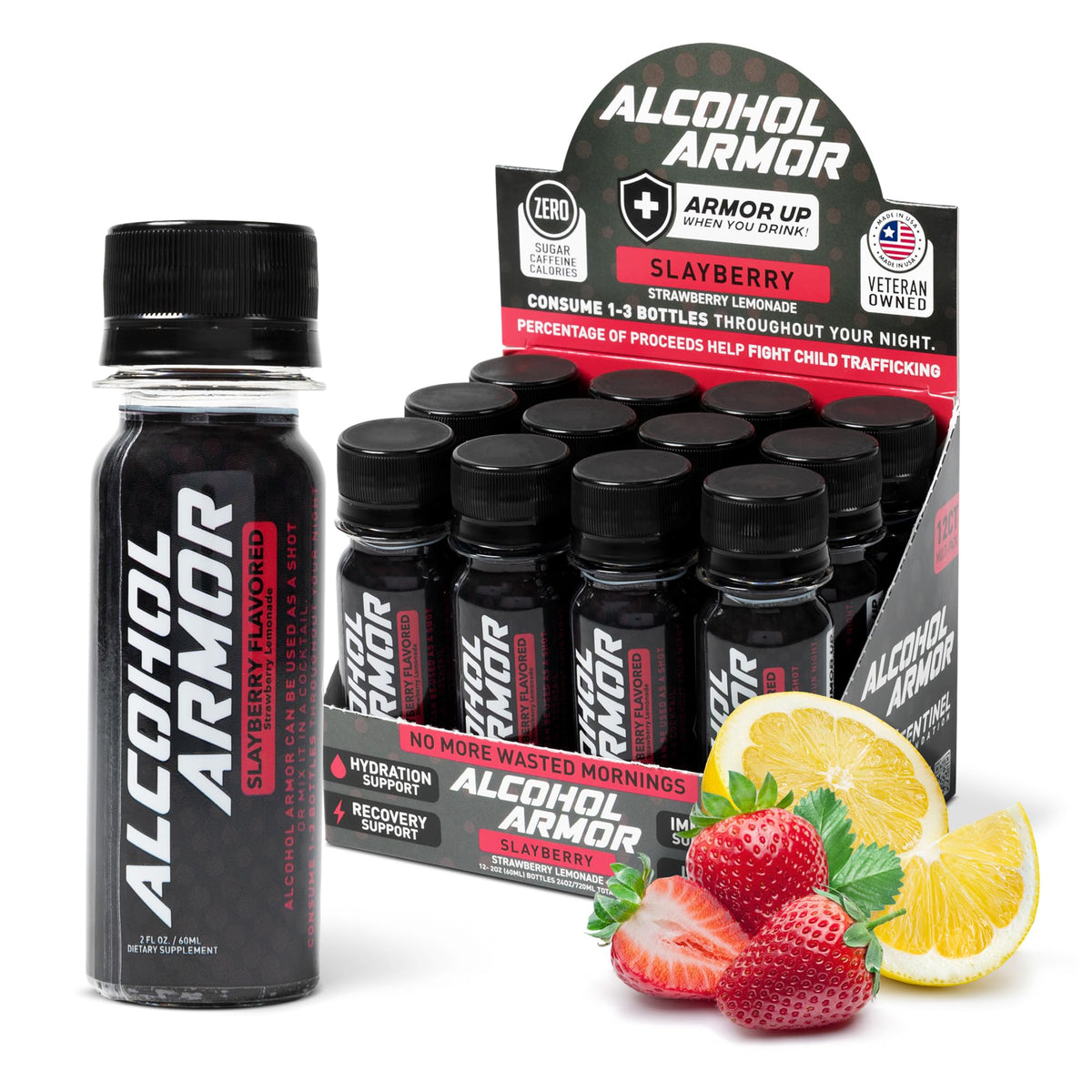 Alcohol Armor Recovery Shot bottle front shows DHM and electrolytes for quick hydration.