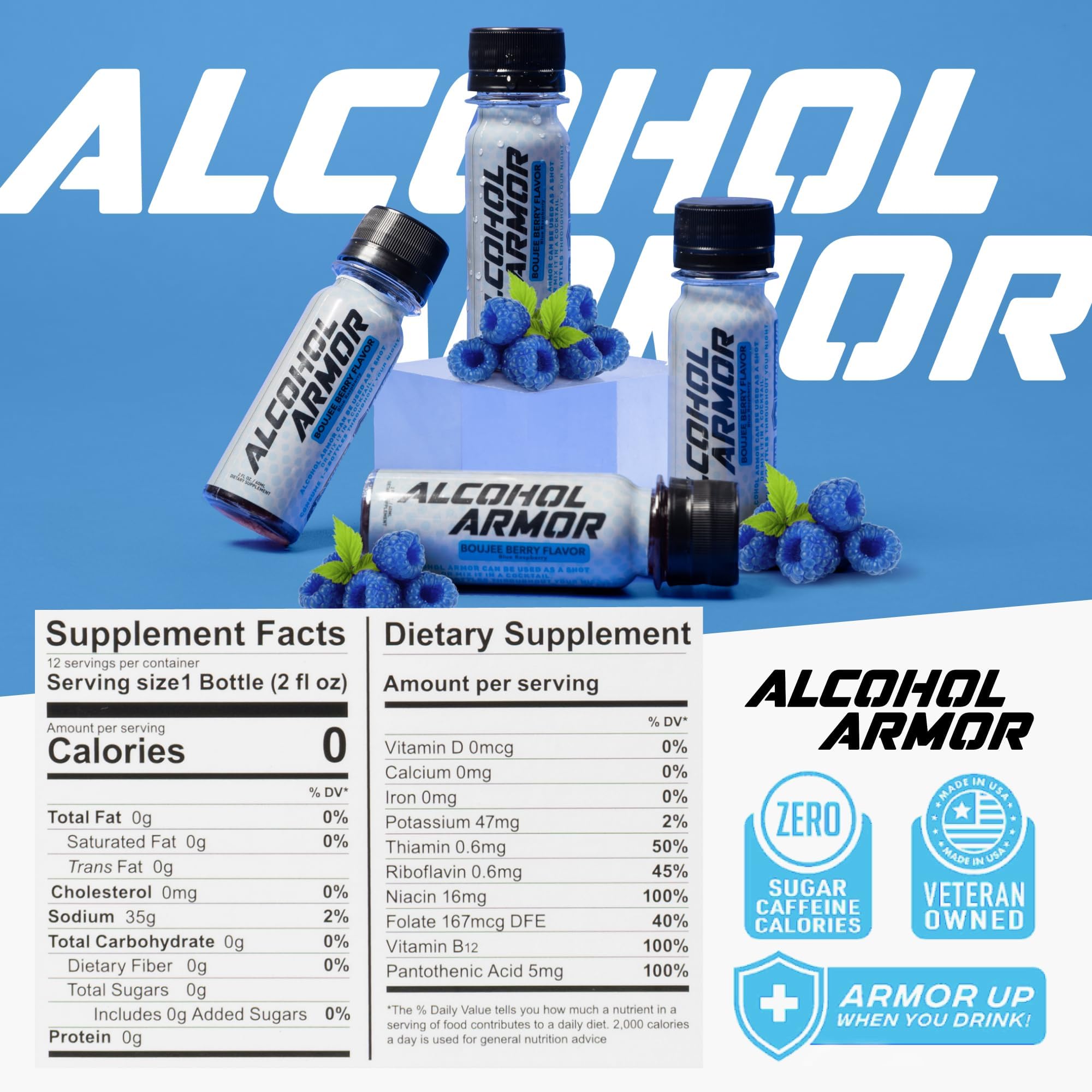 Alcohol Armor Recovery Shot bottle label shows natural ingredients for daily energy