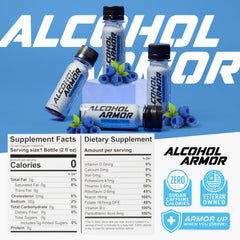 Alcohol Armor Recovery Shot bottle label shows natural ingredients for daily energy