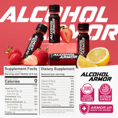 Alcohol Armor Recovery Shot bottle label highlights dye-free, sugar-free formulation.