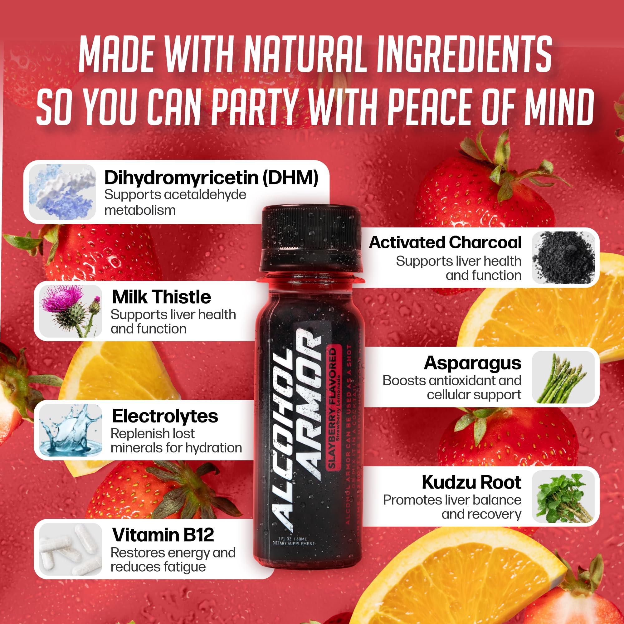 Alcohol Armor Recovery Shot bottle pour demonstrates convenient 2 oz serving.
