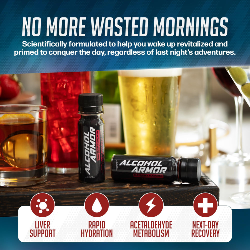 Alcohol Armor Recovery Shot ingredients glass emphasizes electrolytes and charcoal mix.