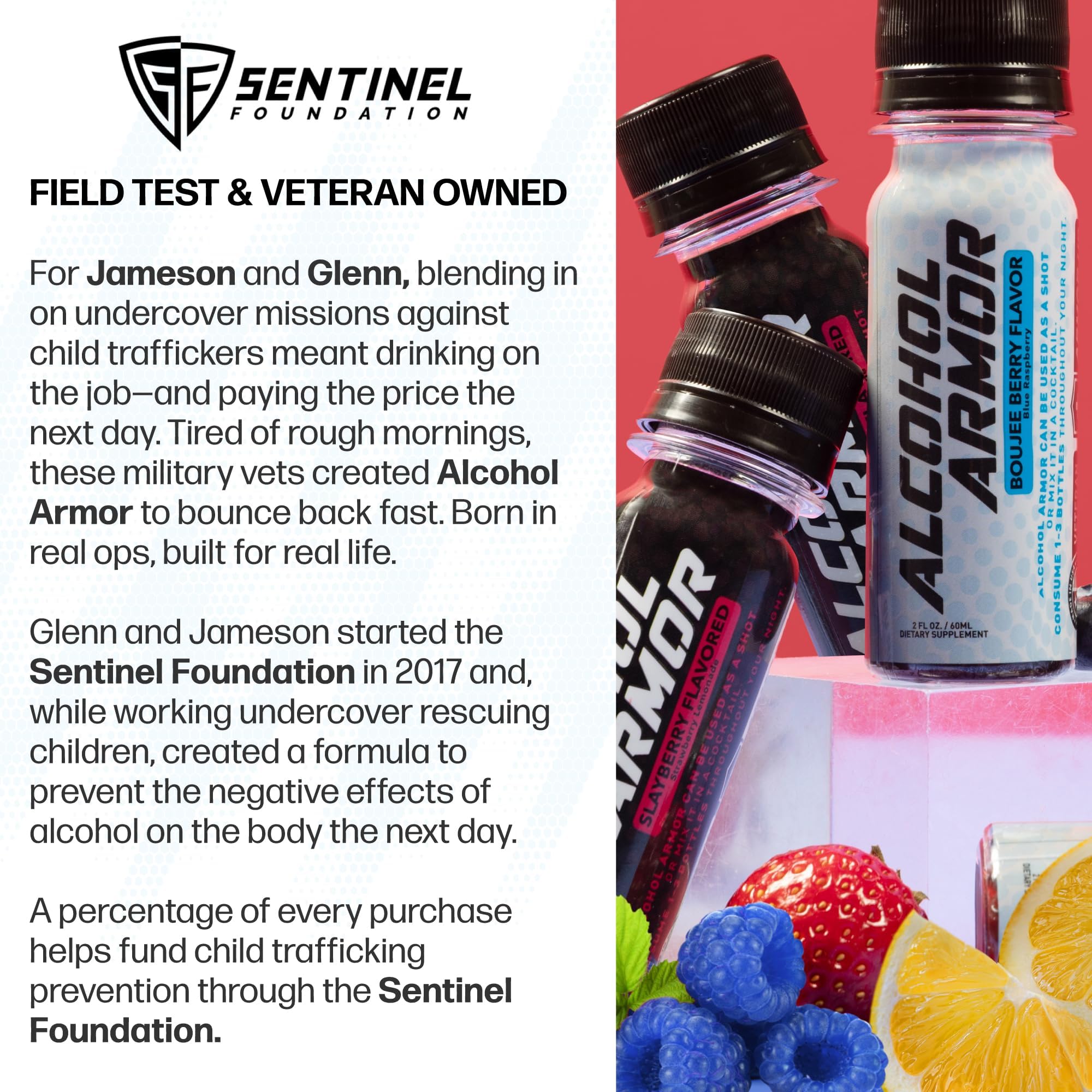 Single-serving Alcohol Armor bottle showcases sugar-free, dye-free hydration after partying