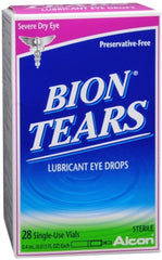 Alcon Bion Tears pack of four box shown for daily, on-the-go eye comfort