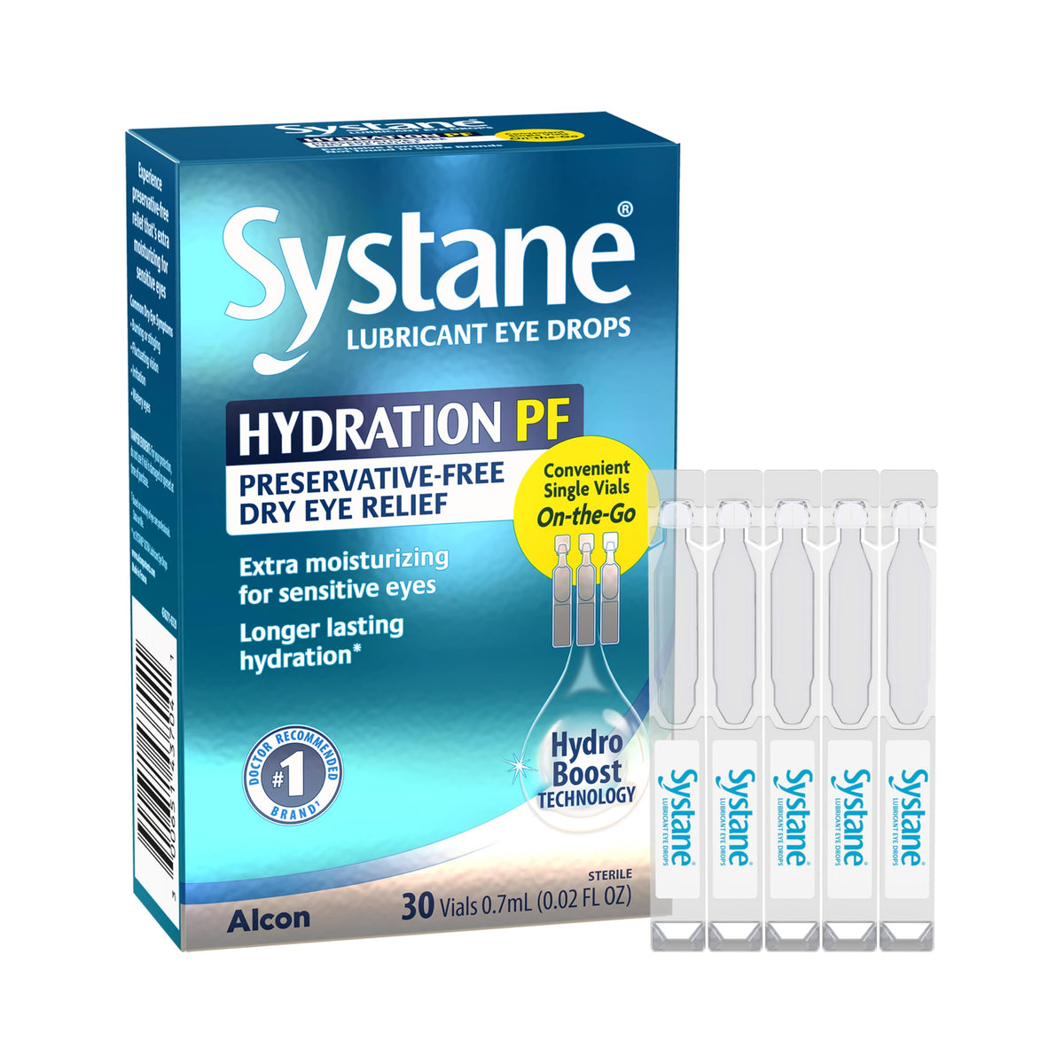 Alcon Hydration bottle front view demonstrates preservative-free packaging for dry eye relief.