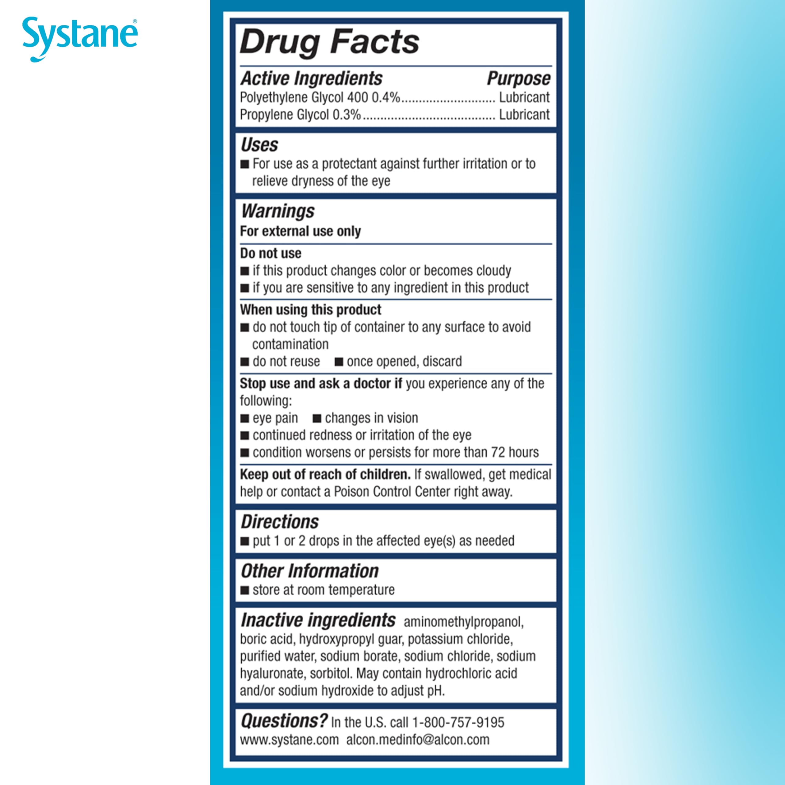 Transparent bottle highlights clear, easy-to-see, preservative-free eye drops.