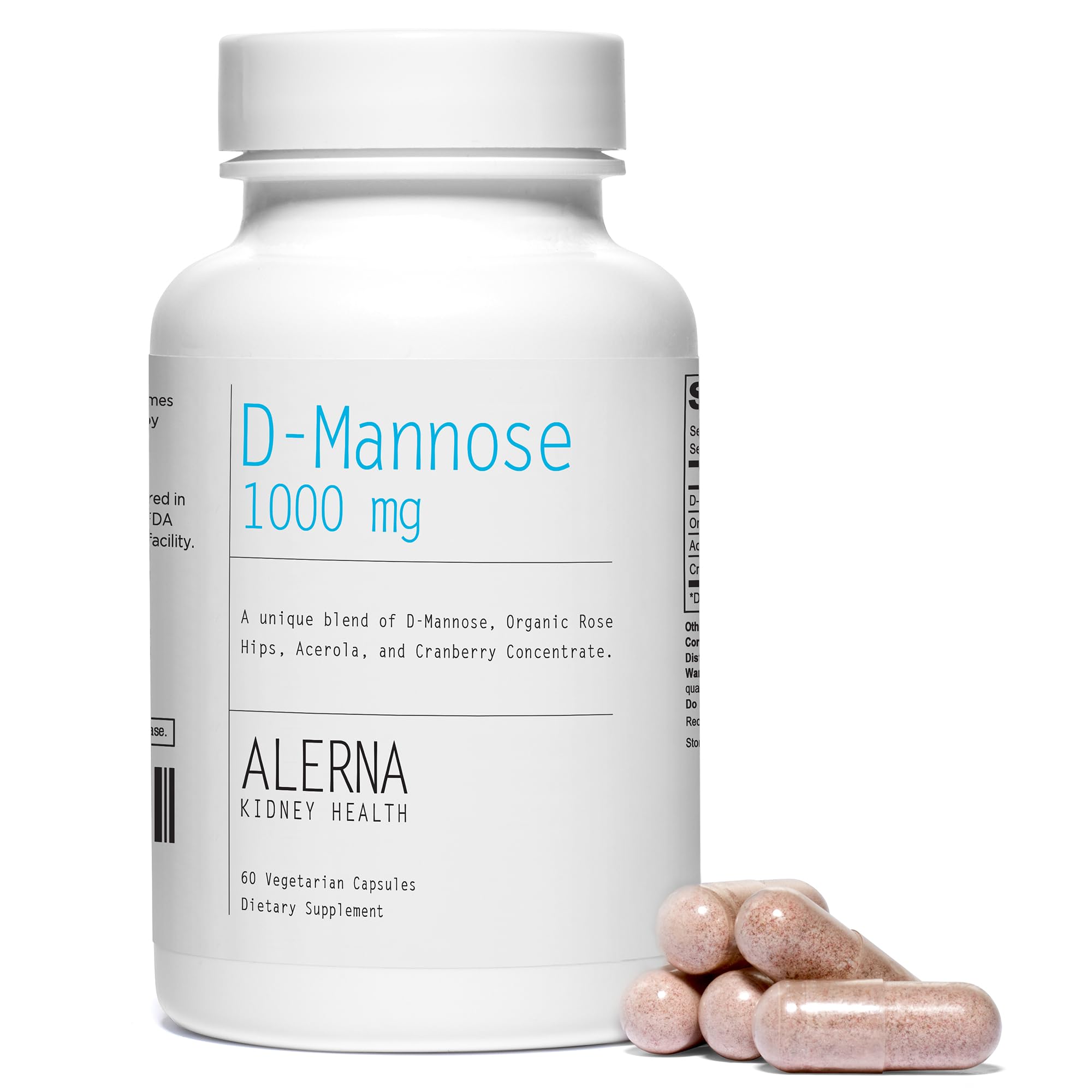 Alerna Kidney Health D-Mannose capsules close-up emphasizes vegan formula.