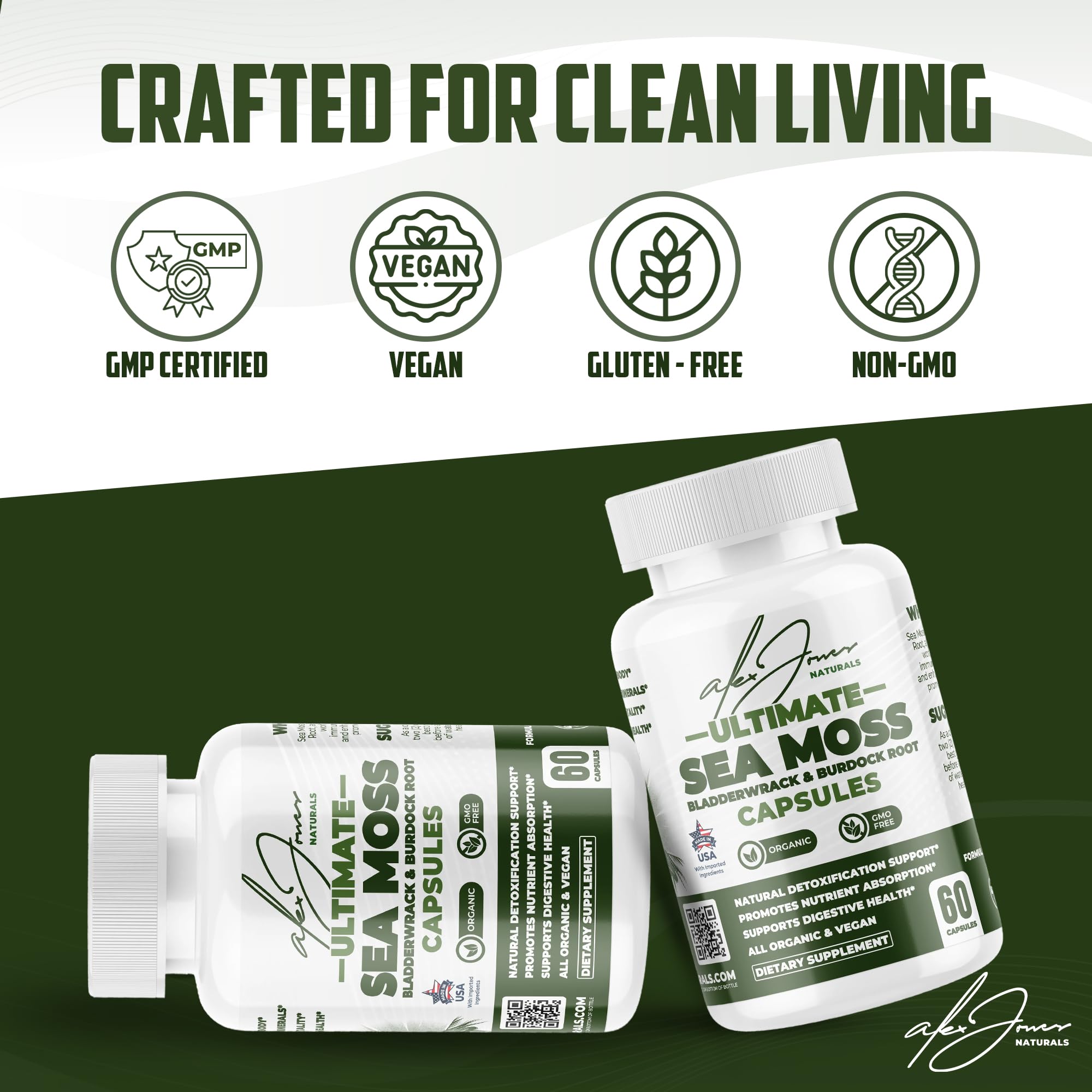 Alex Jones Naturals seamoss capsules with bladderwrack and burdock for daily wellness.