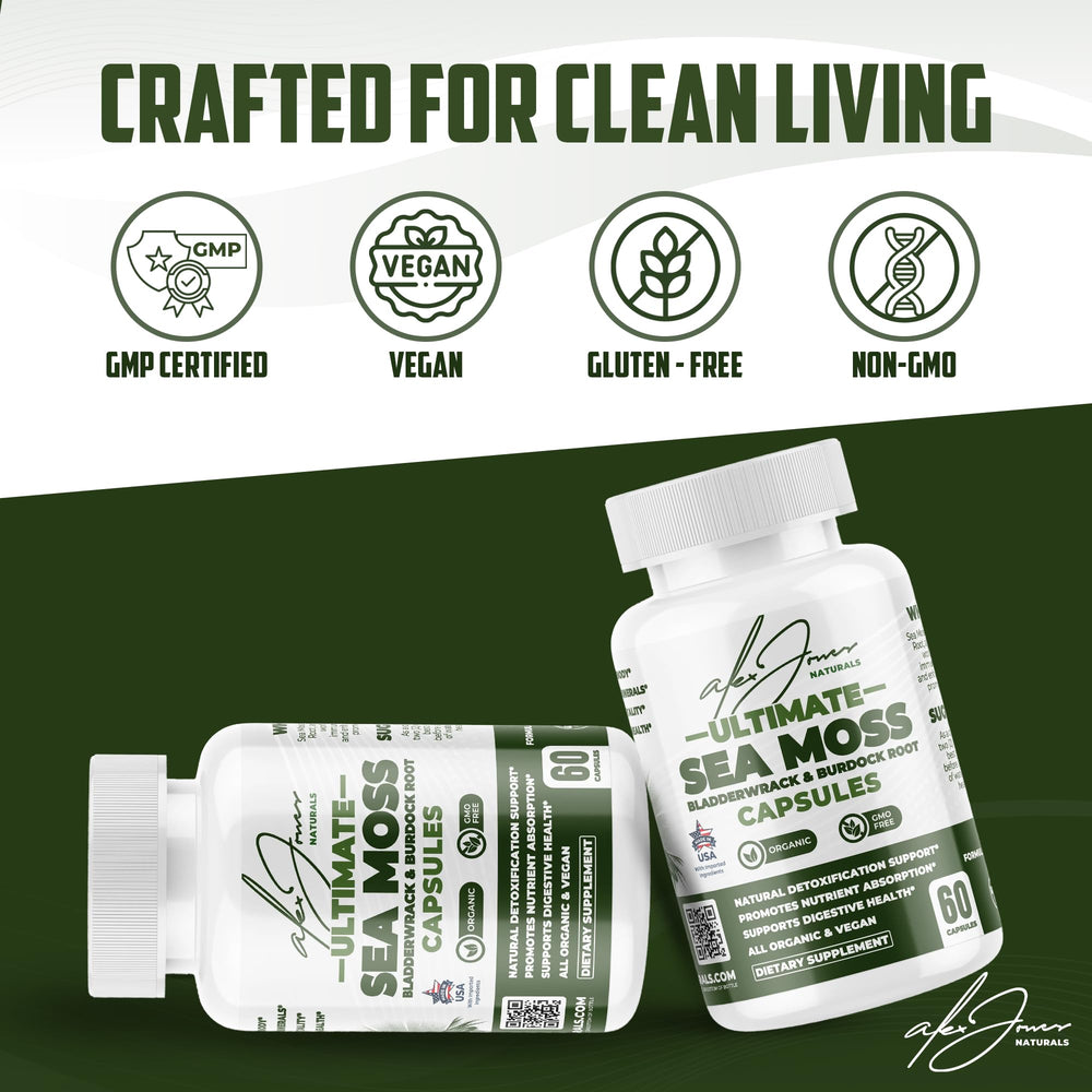 Alex Jones Naturals seamoss capsules with bladderwrack and burdock for daily wellness.