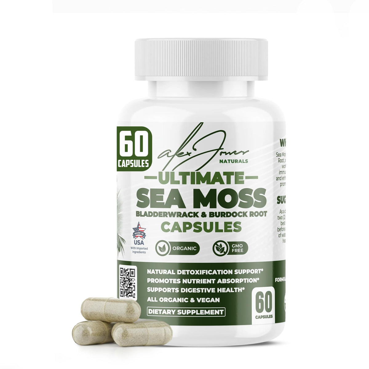 Alex Jones Naturals Seamoss Capsules bottle shown for daily immune and energy support.