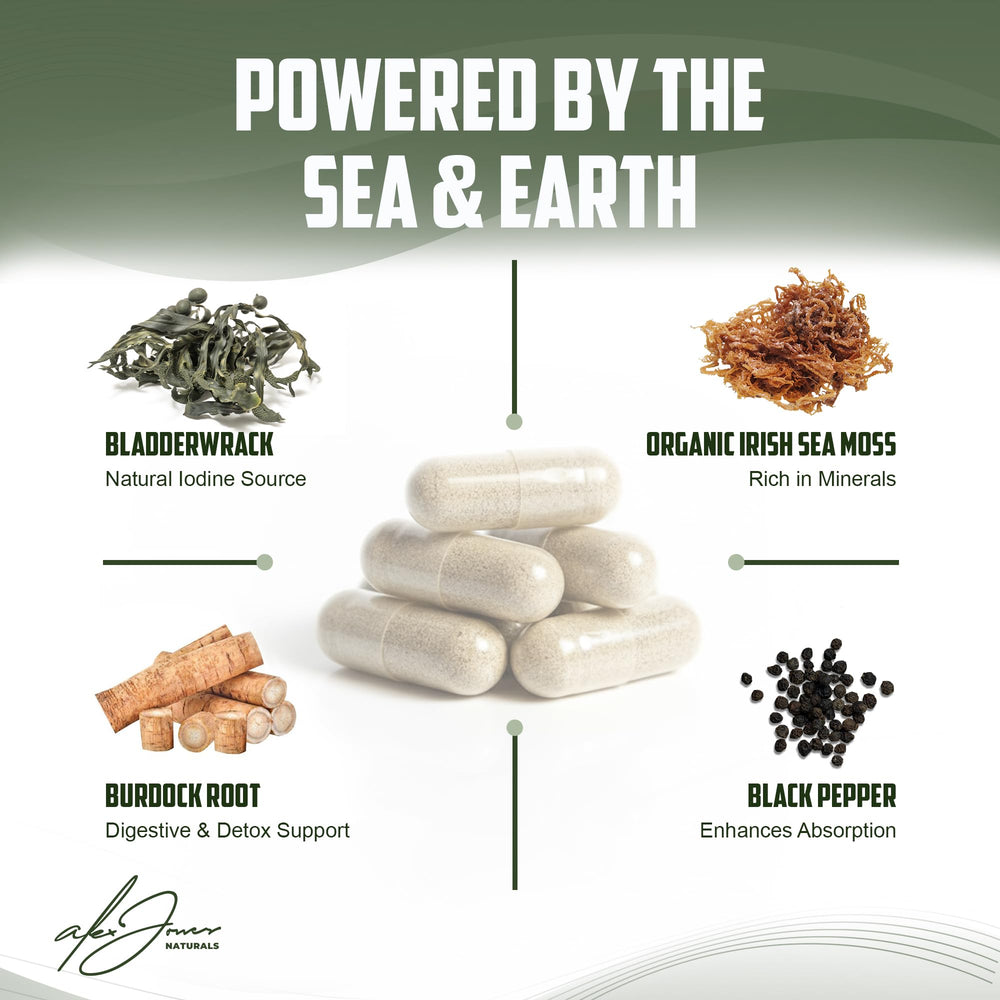 Alex Jones Naturals seamoss capsules demonstrate digestive support and energy potential.
