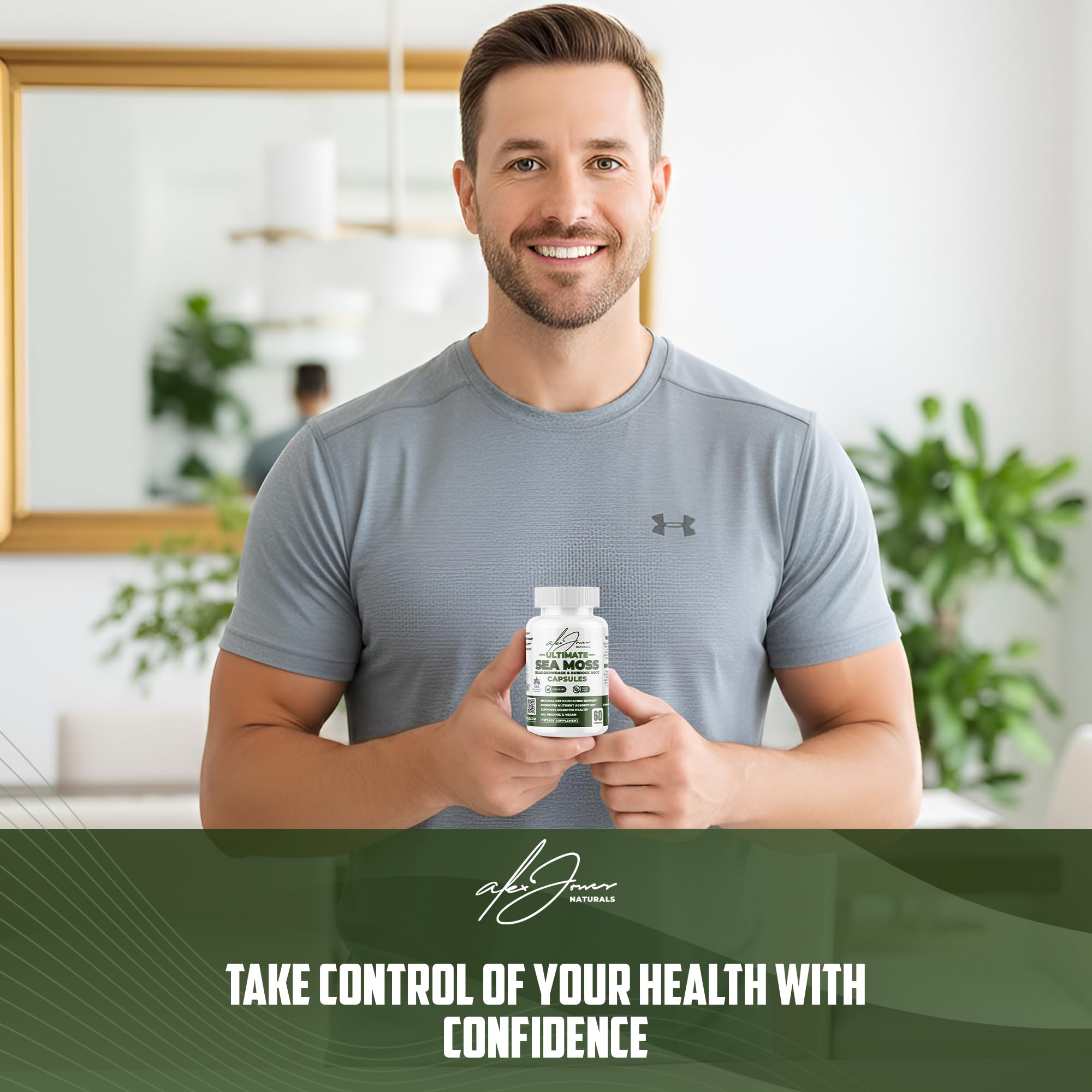 Alex Jones Naturals seamoss capsules in daily-use scenario with water.