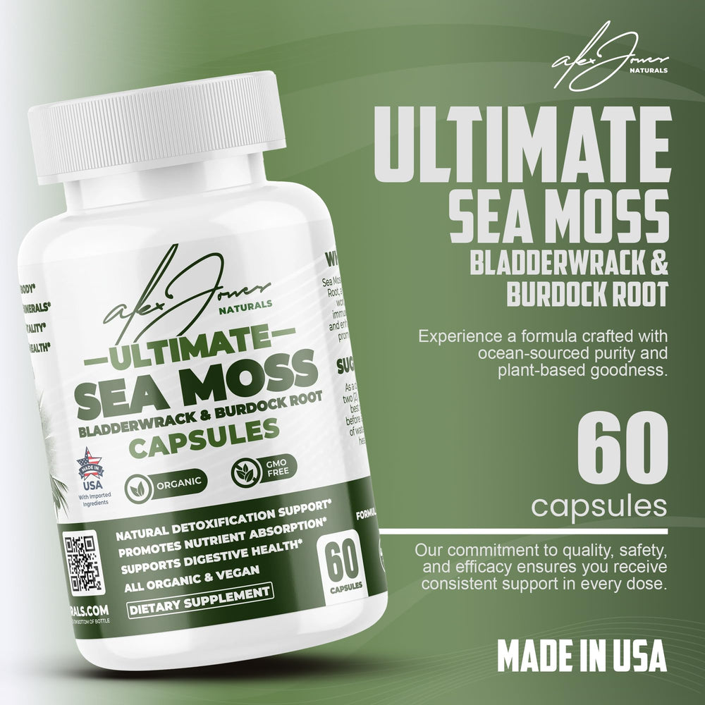Alex Jones Naturals seamoss capsules label close-up highlighting natural ingredients.