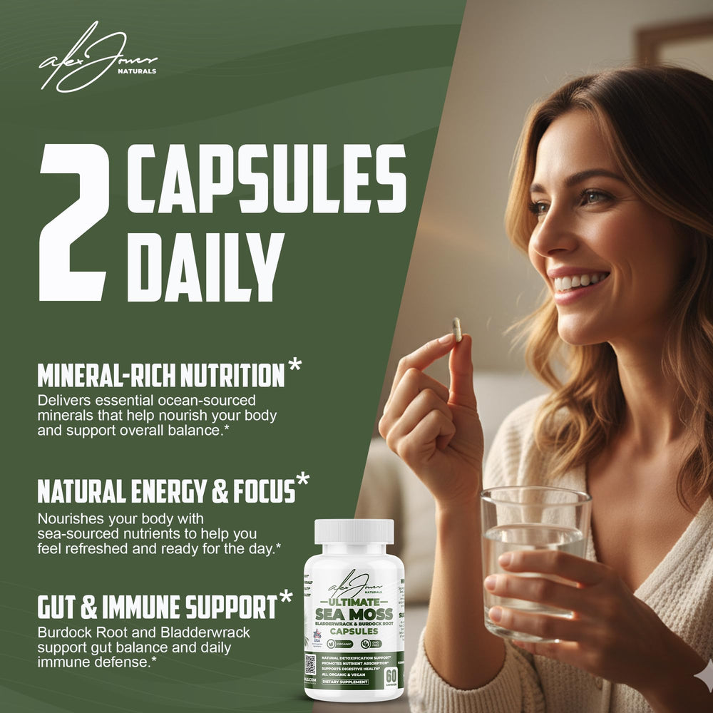 Alex Jones Naturals seamoss capsules being poured for convenient daily intake.
