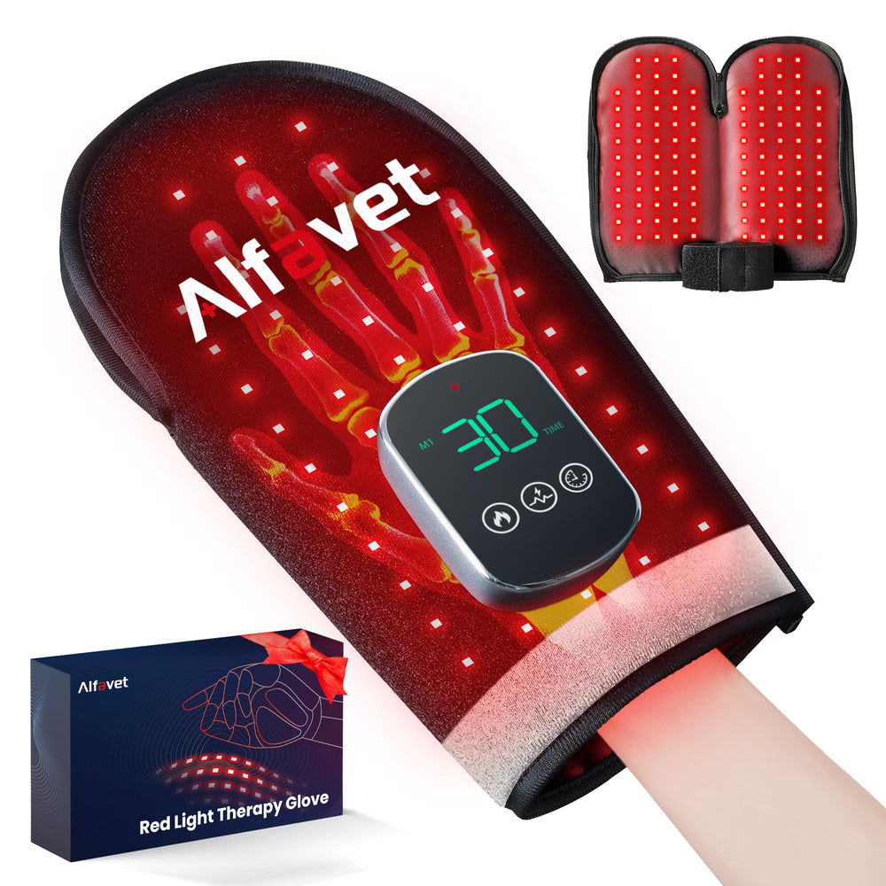 Alfavet cordless red light therapy glove front view provides full-hand coverage for everyday relief.