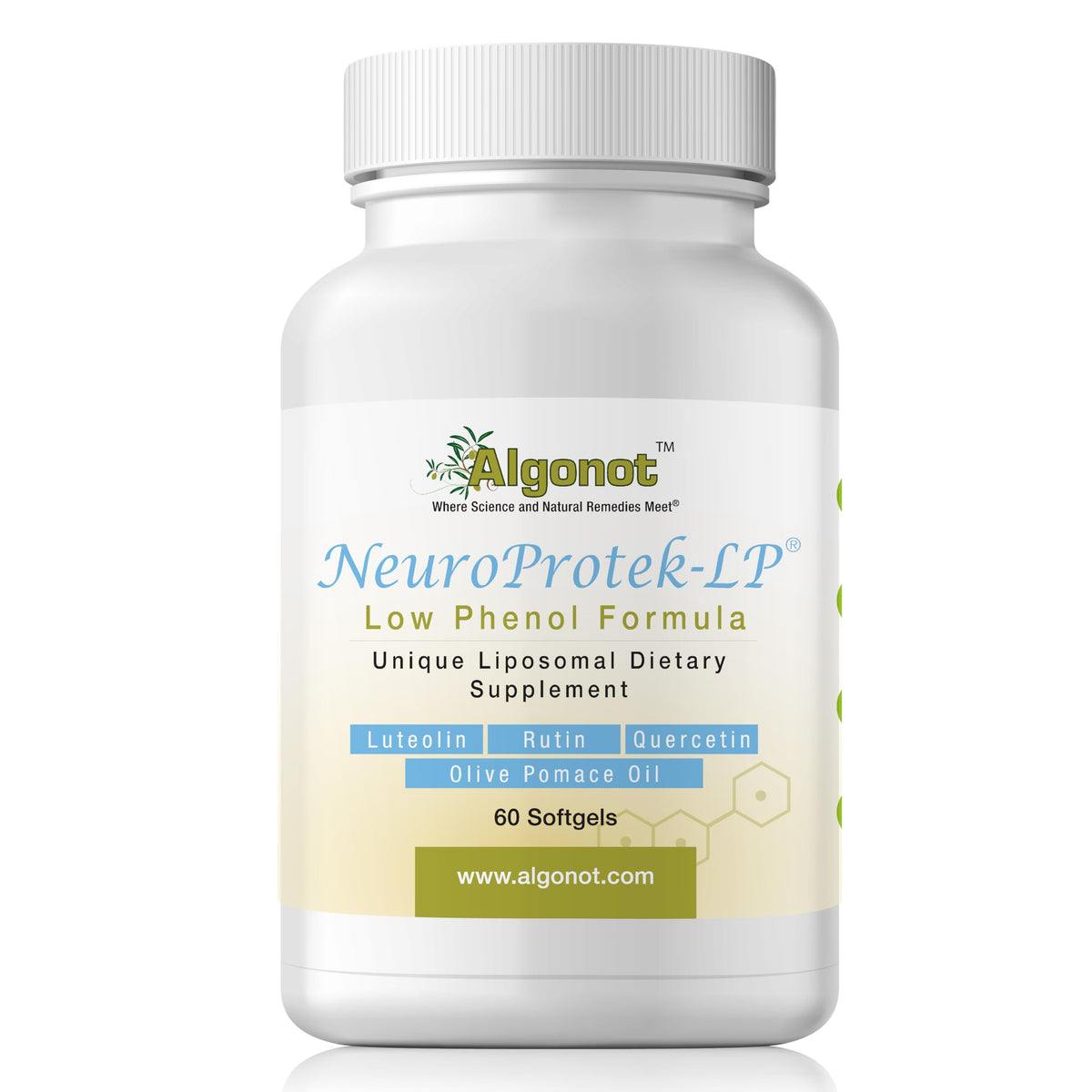 Algonot NeuroProtek Low Phenol softgels bottle for easy daily use