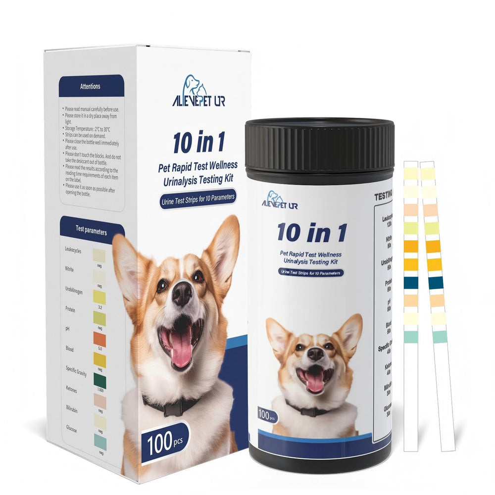 AlievePet Urine Test Strips box and bottle for at home pet health monitoring.