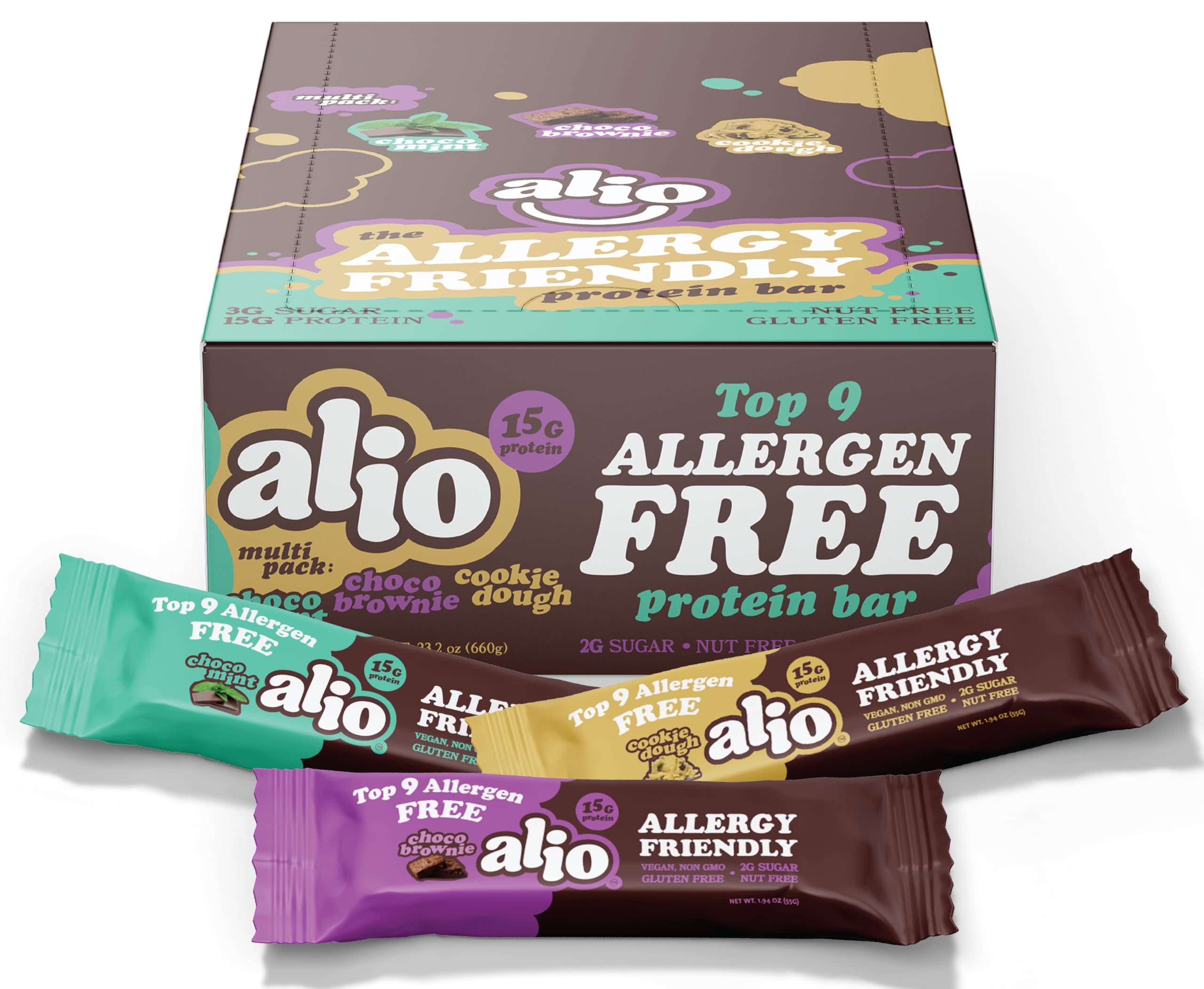 Alio Protein Bars three-flavor combo box front view highlighting allergen-free snack.