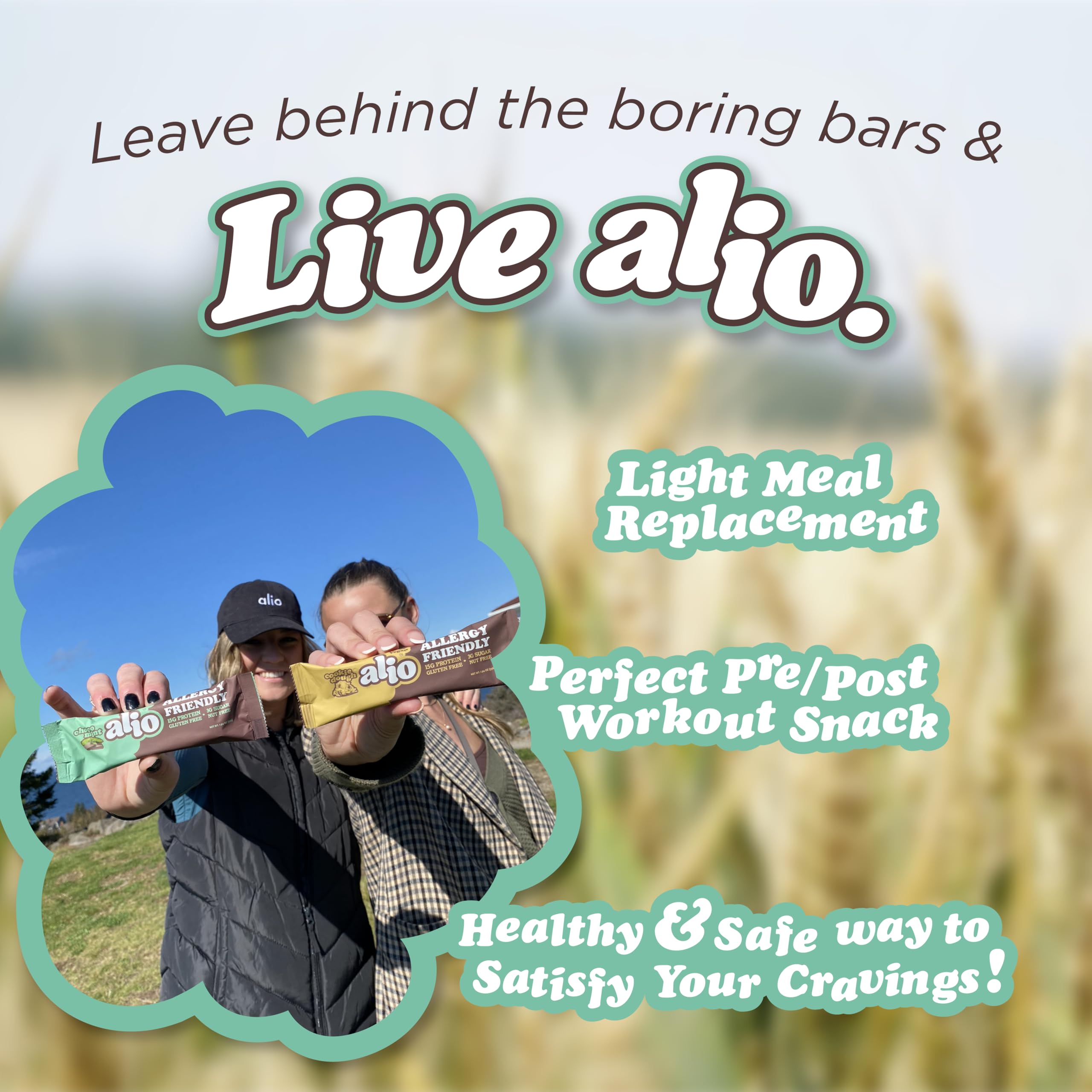 Alio Protein Bars packaging close-up highlights dietary-friendly ingredients.