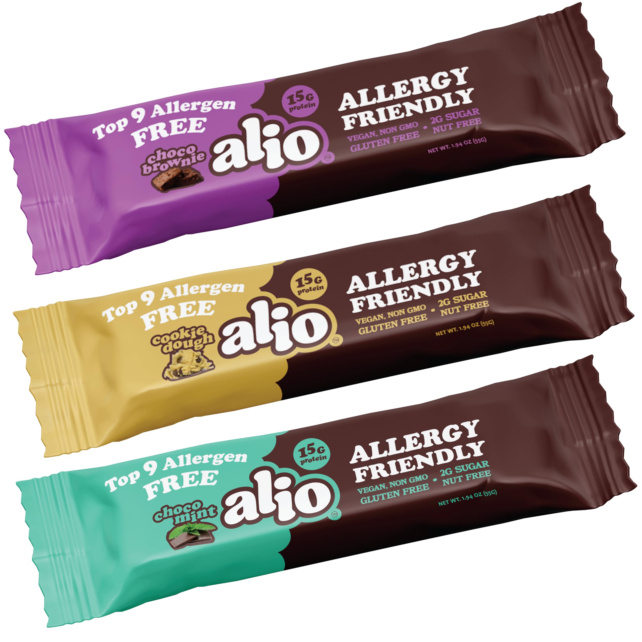 Alio Protein Bars snack plate displaying three-bar assortment.