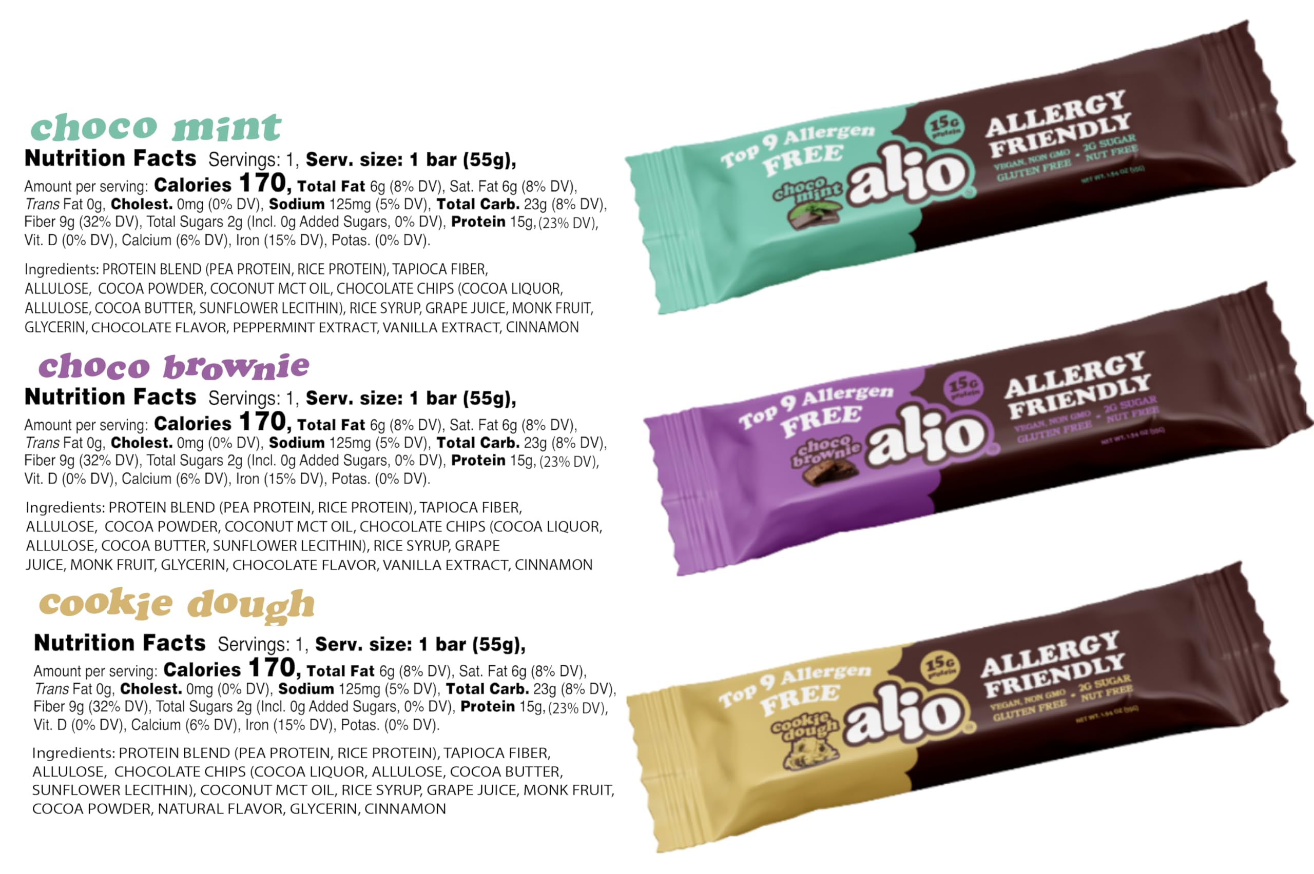 Alio Protein Bars varieties display with vegan, high-protein, low-calorie options.