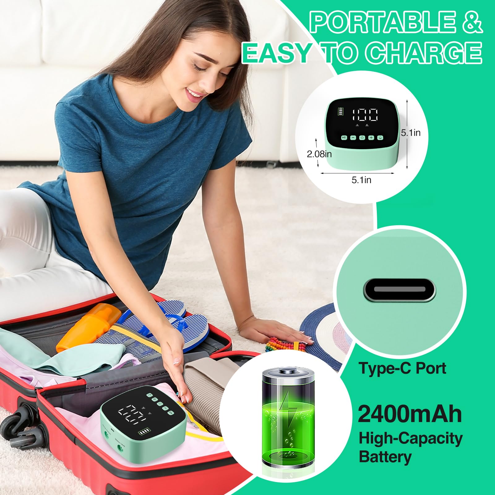 Built-in 2400mAh battery with Type-C charging for portable use