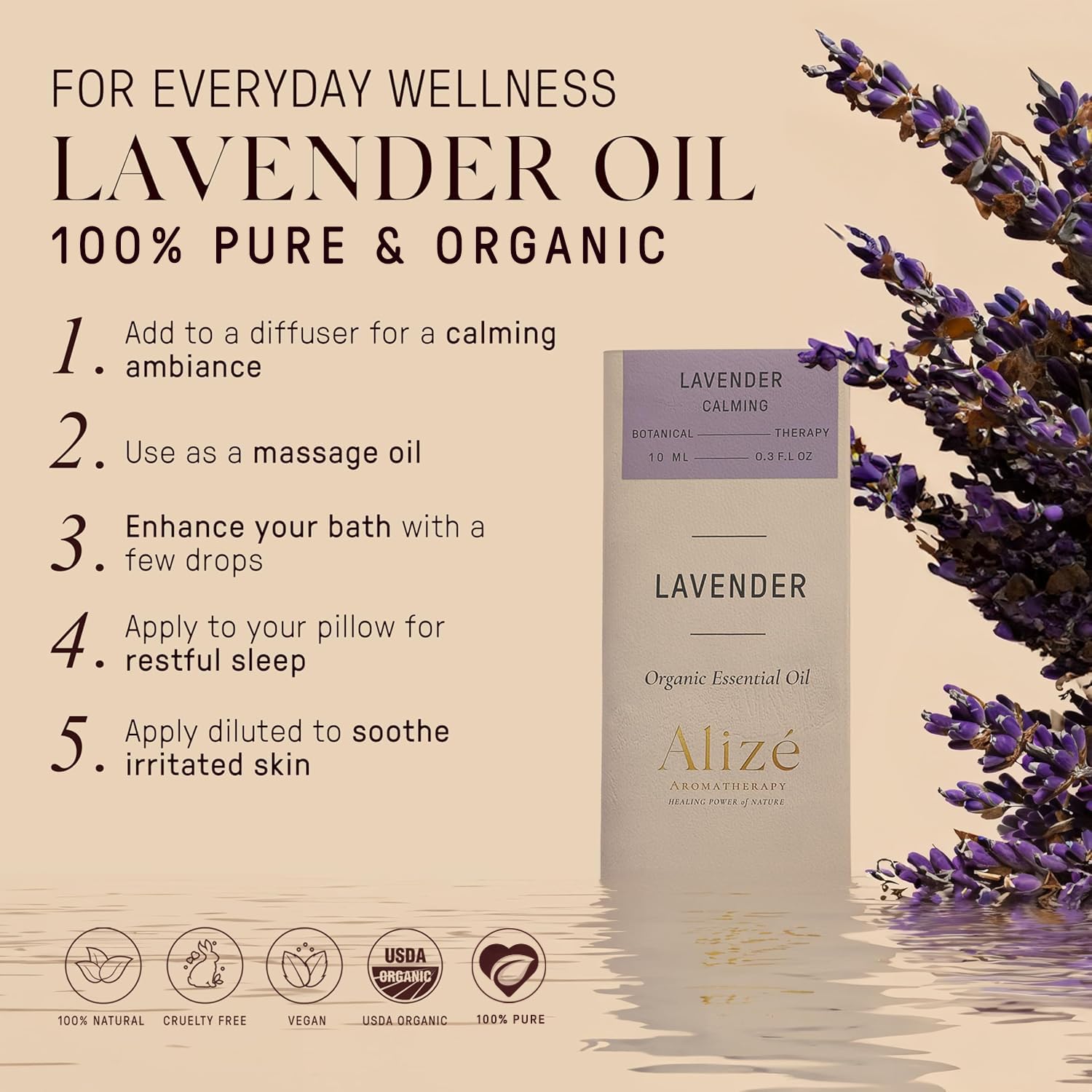 Alizé lavender plant from Bulgaria highlights organic origin and natural aroma.