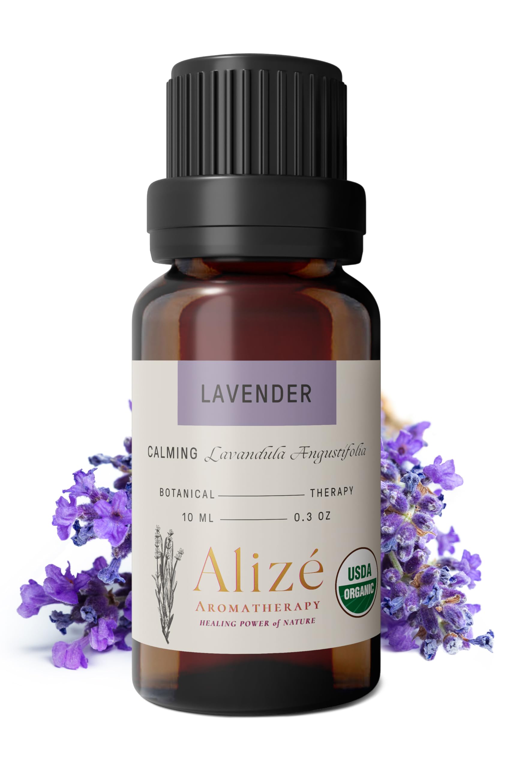Close-up shows certification seal and bottle indicating premium organic lavender.