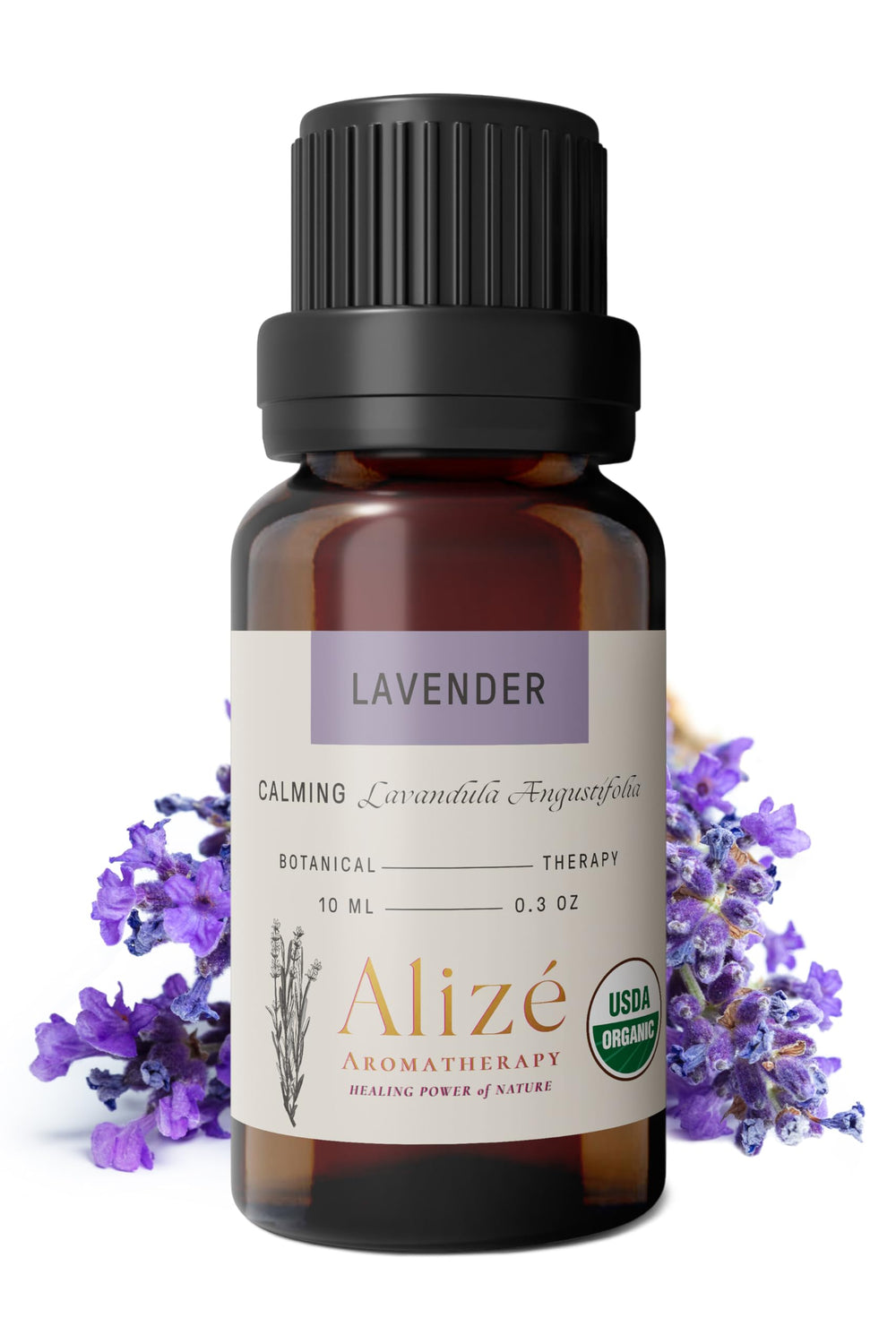 Close-up shows certification seal and bottle indicating premium organic lavender.
