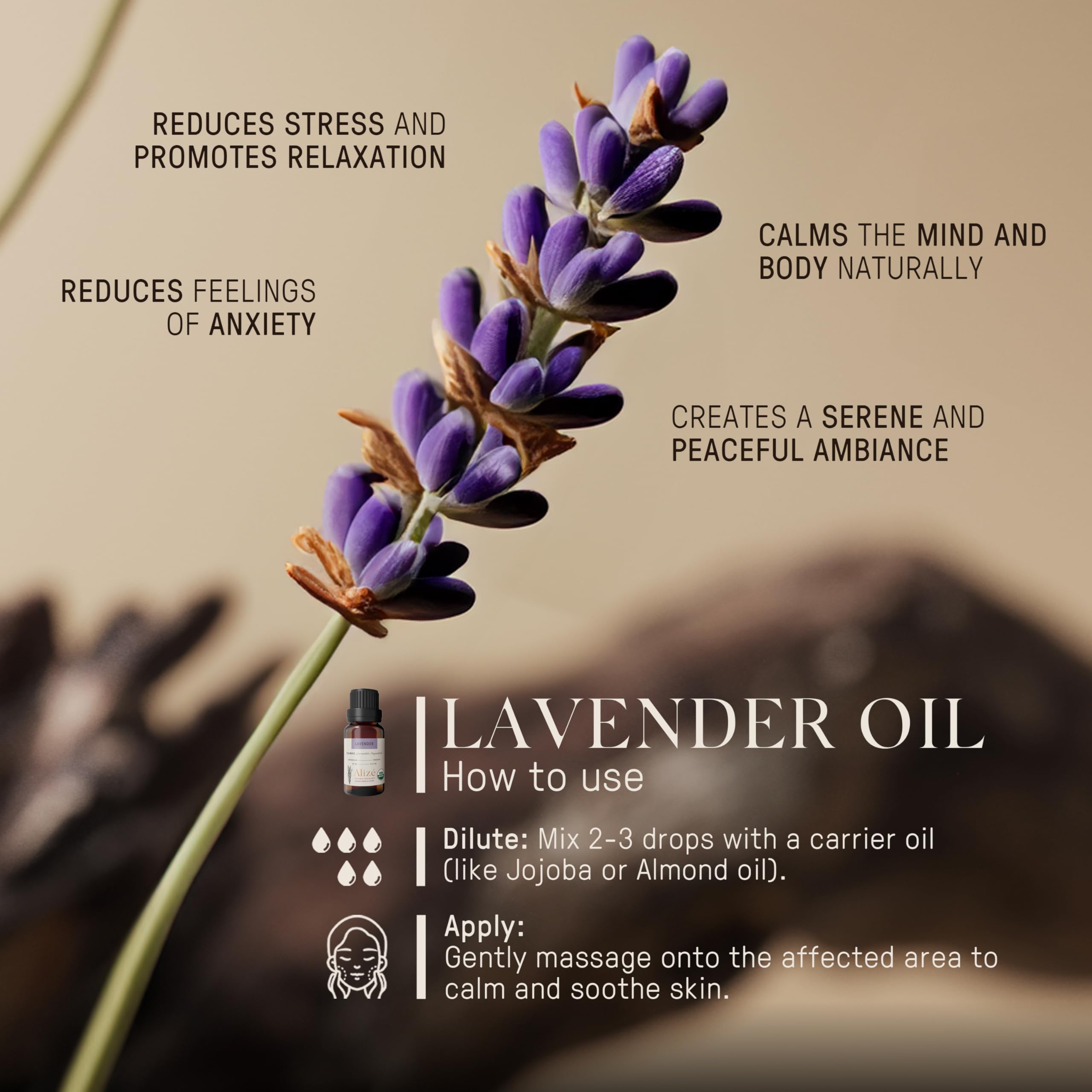 Alizé Lavender oil features USDA Organic label signaling certified quality.