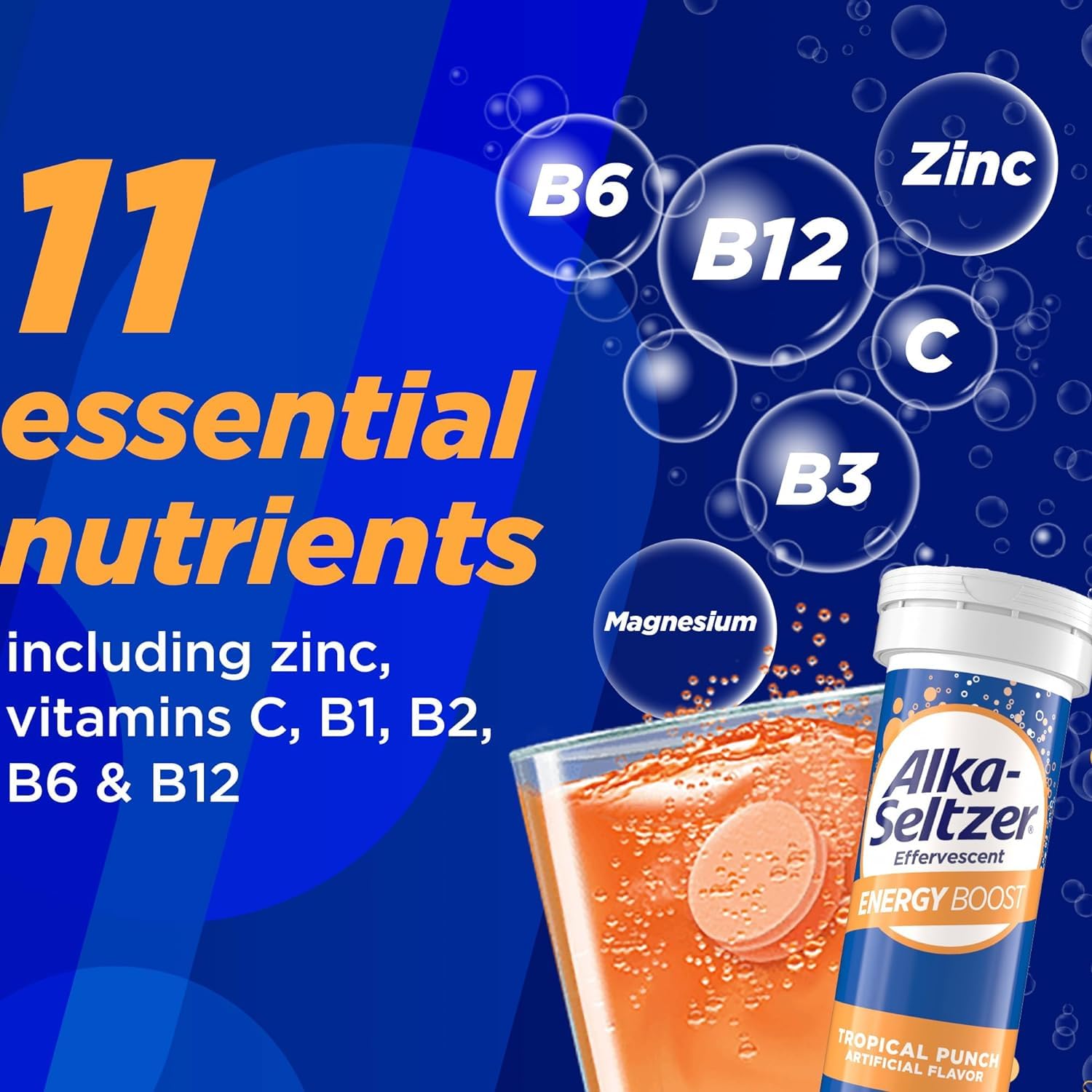 Alka-Seltzer Energy Boost bottle on countertop highlighting packaging