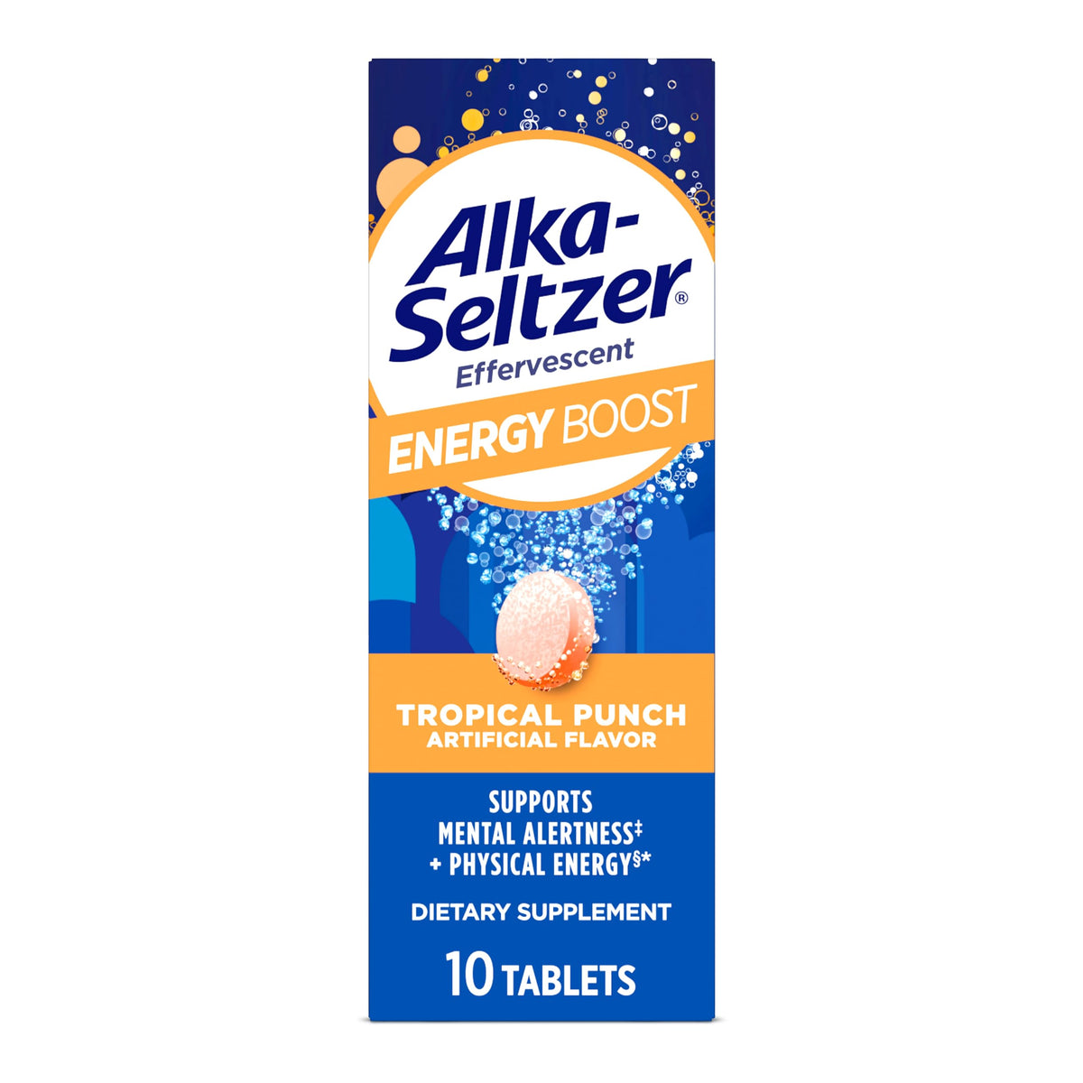 Alka-Seltzer Energy Boost tablet dissolving in water for quick energy lift