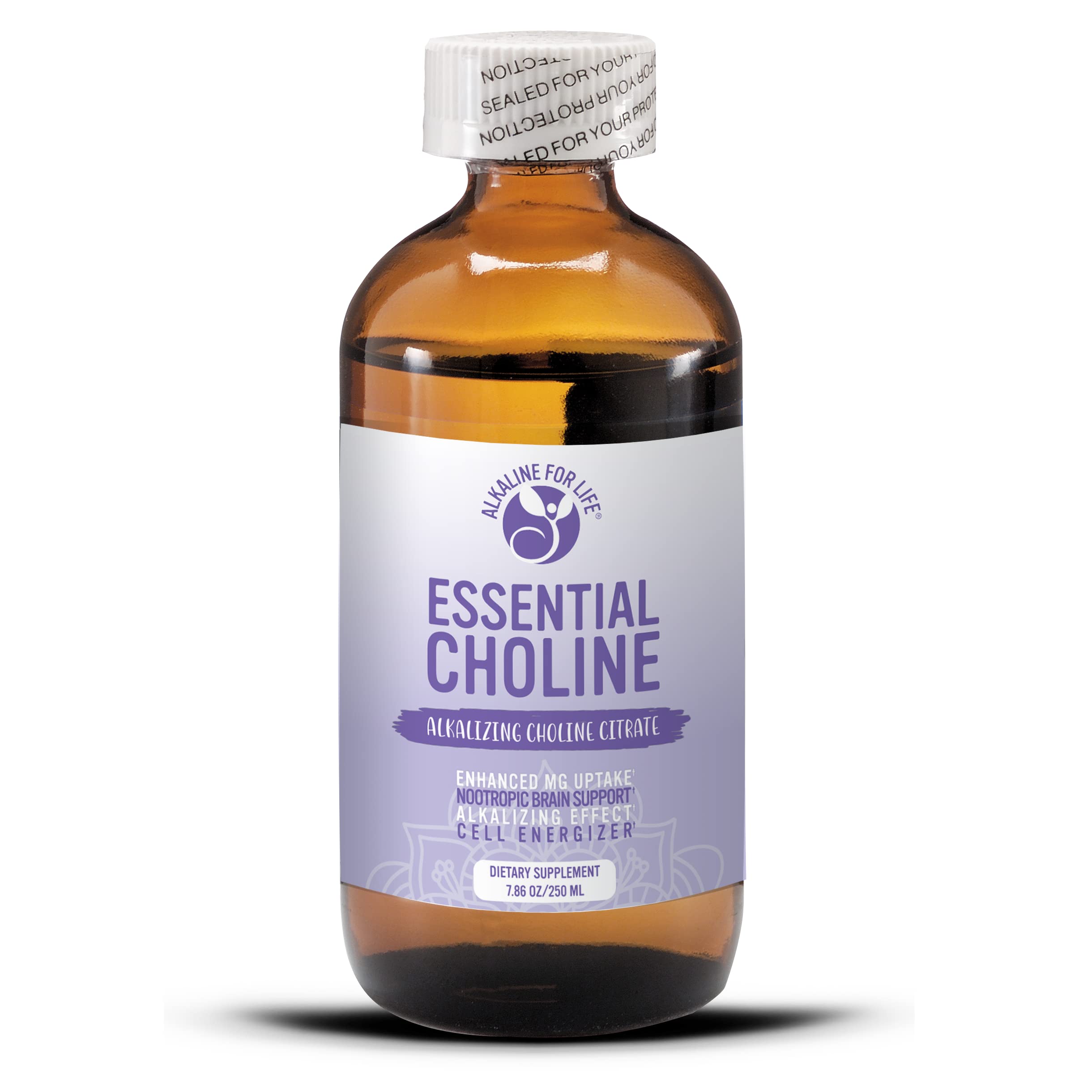 Alkaline for Life Essential Choline Citrate bottle highlighting brain support potential.