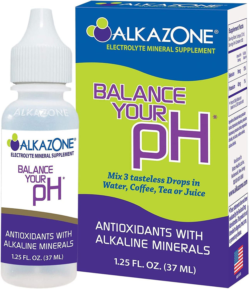 AlkaZone bottle close-up with drops added to water for balanced taste.